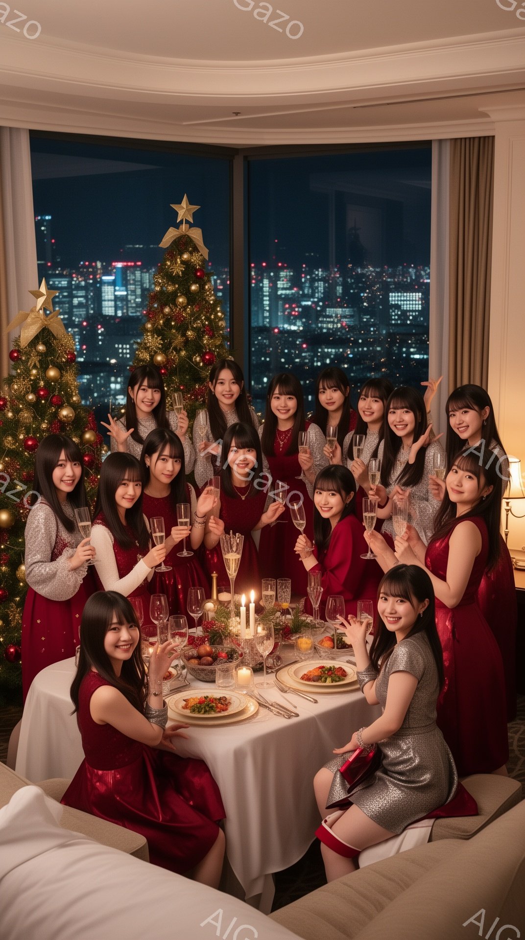 15人の若い女性たちが、クリスマスツリーを背景に、豪華なディナーテーブルを囲んで楽しんでいます。彼女たちは赤いドレスやシルバーのドレスを着ており、髪は長く、笑顔でシャンパングラスを掲げています。背景には、夜景が広がり、都市の光が輝き、暖かく華やかなクリスマスの雰囲気が漂っています。