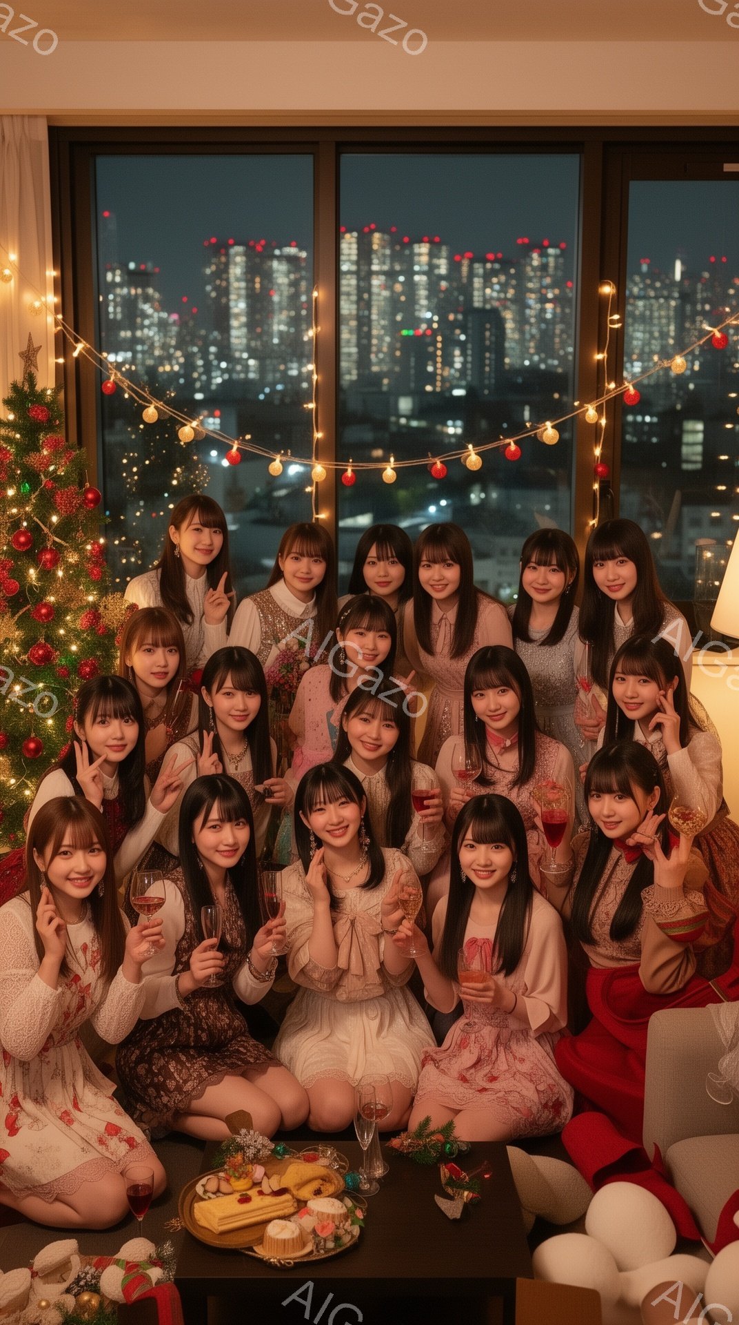 多くの女性たちがクリスマスツリーの前で集まっており、それぞれグラスを持って楽しそうに微笑んでいます。彼女たちはパステルカラーや白を基調とした、華やかなパーティー衣装を着ており、髪は主に下ろした状態か、ハーフアップにしています。背景には夜景が広がり、室内にはクリスマスライトが飾られ、温かく楽しい雰囲気が漂っています。