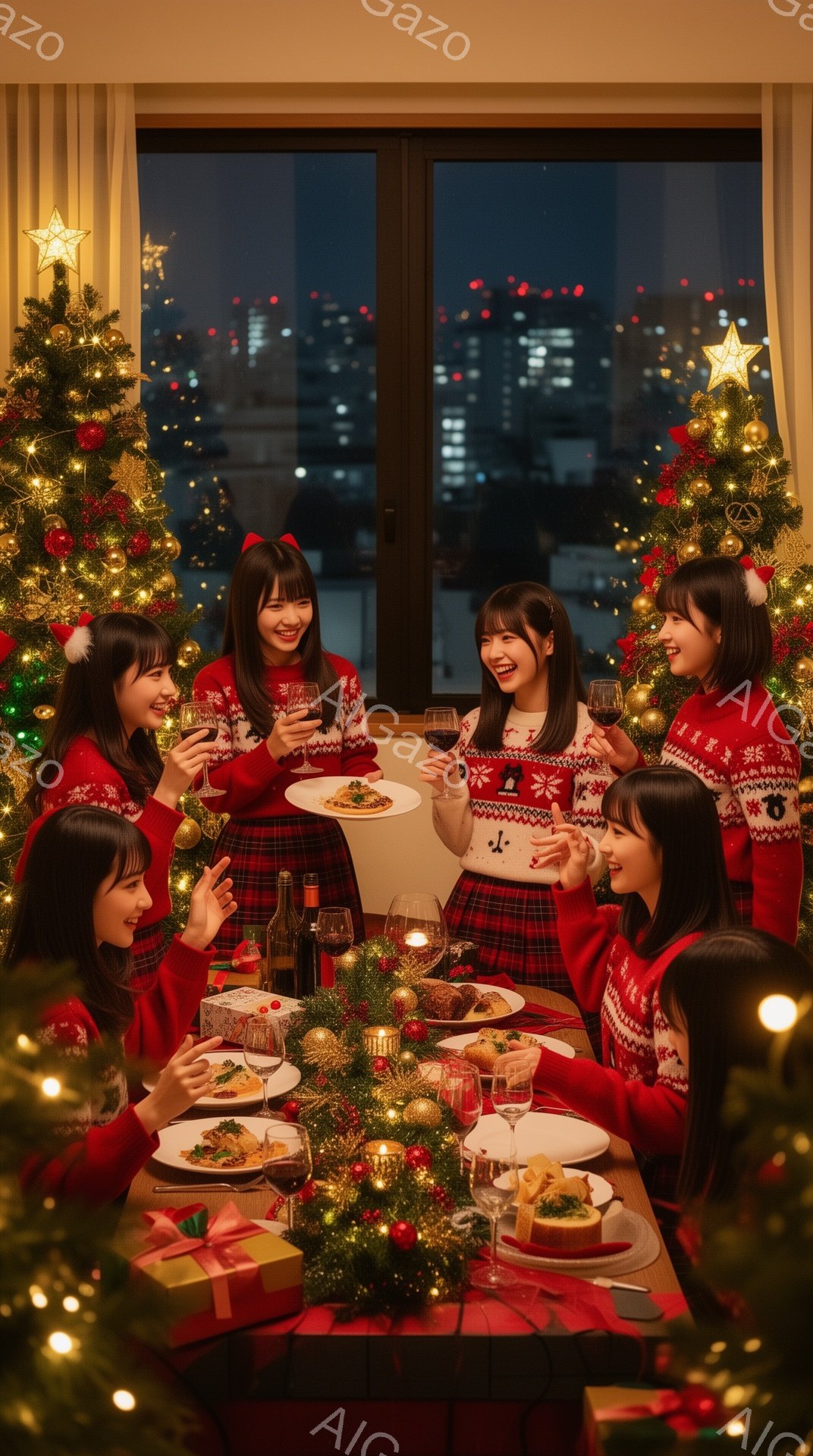 6人の女性がクリスマスディナーを楽しんでいる様子が写っています。全員が赤と白のニットセーターと黒いプリーツスカートを身に着け、楽しそうにワイングラスを手に笑顔を浮かべています。背景にはきらびやかなクリスマスツリーと夜景が広がり、温かく華やかなクリスマスの雰囲気が漂っています。