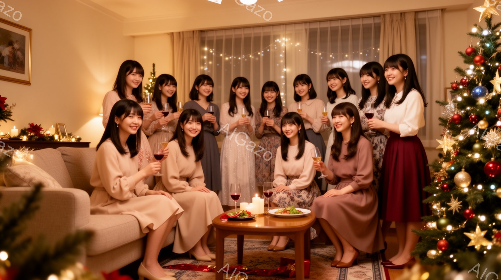 部屋にはクリスマスツリーが飾られ、十数人の若い女性たちが集まって楽しんでいる様子が描かれています。女性たちはそれぞれ異なるパステルカラーのワンピースやスカートを身に着け、長い髪を優雅に下ろしています。皆、グラスを持って微笑み、お祝いの雰囲気に包まれています。