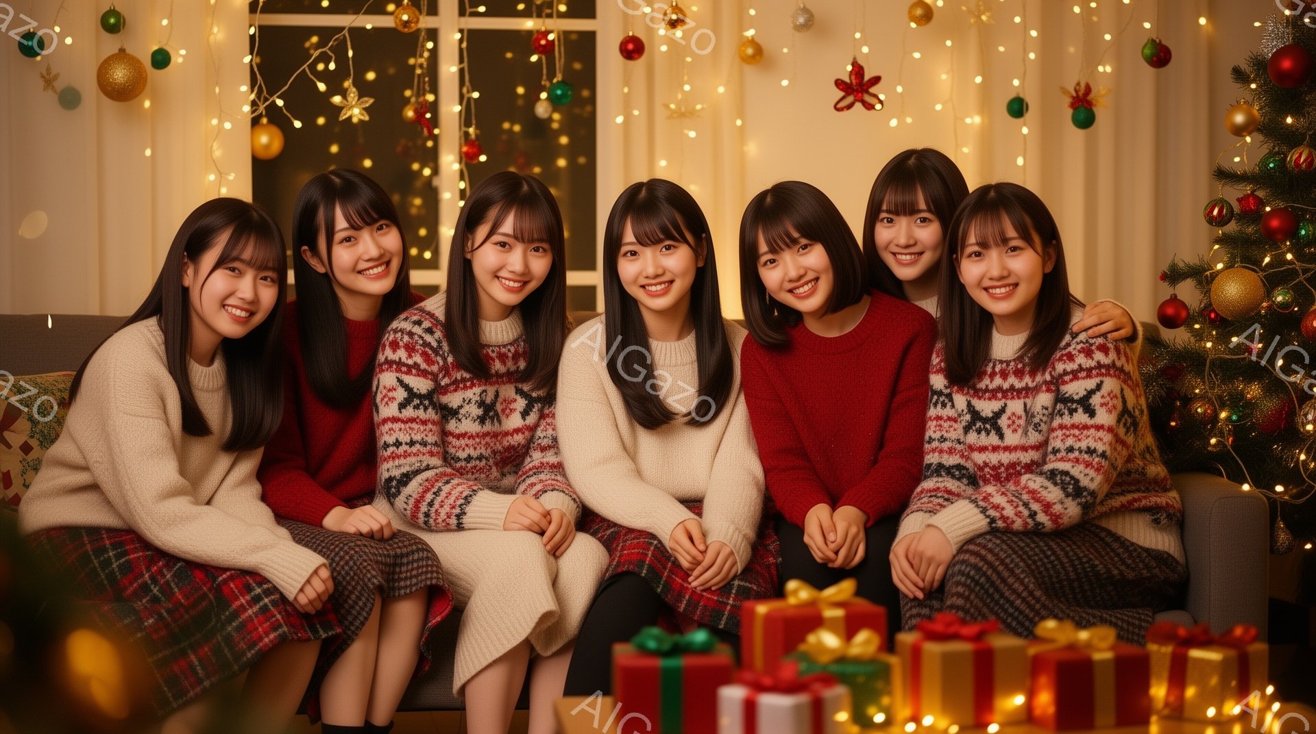 画像には、クリスマスツリーを背景に、暖かい雰囲気の中で並んで座る若い女性たちが写っています。彼女たちは皆、赤と白のニットセーターとチェック柄のスカートを着ており、明るい笑顔を浮かべています。背景には、きらめくクリスマスライトと色とりどりのプレゼントの山があり、祝祭の雰囲気を高めています。