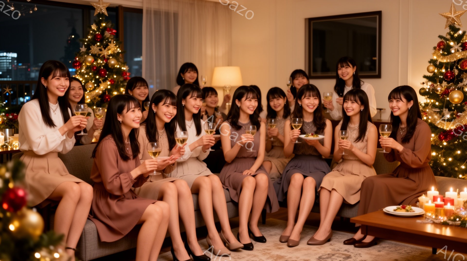 多くの女性たちが、クリスマスツリーを背景に、明るいリビングで集まって祝杯をあげています。彼女たちはそれぞれベージュやグレー、ネイビーなどの上品なワンピースを着ており、髪は主にダウンで、笑顔を浮かべています。背景には夜景が見え、暖炉の光とクリスマスツリーの装飾が温かい雰囲気を醸し出しています。