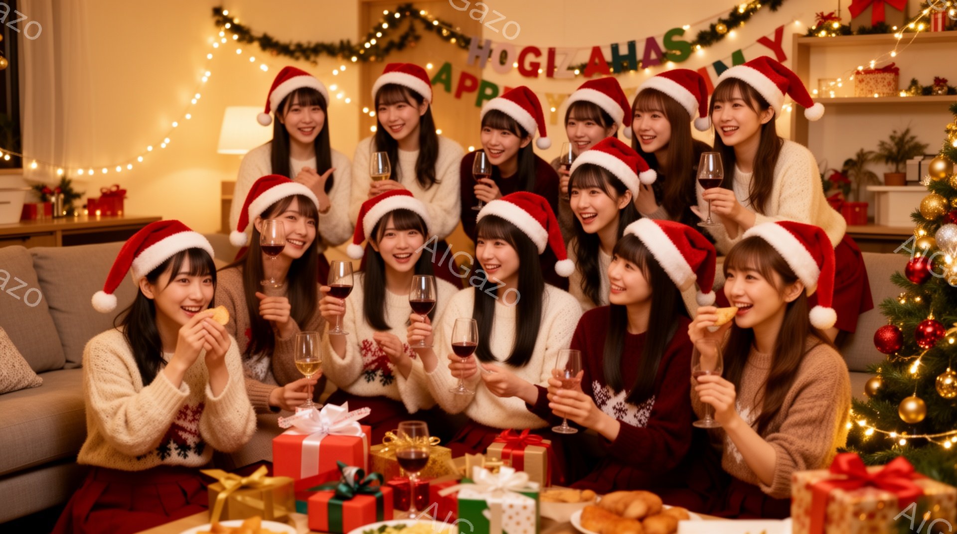 複数の若い女性たちがクリスマスパーティーを楽しんでいる様子が写っている。赤いサンタの帽子をかぶり、白いセーターを着て、ワイングラスや軽食を持ち、笑顔でポーズをとっている。背景にはクリスマスツリーやプレゼント、そして「HAPPY CHRISTMAS」と書かれたガーランドがあり、温かく楽しい雰囲気が伝わってくる。