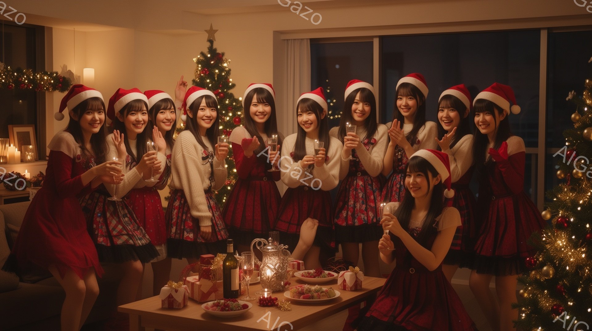 9人の女性がクリスマスを祝う写真です。それぞれ赤いサンタの帽子を被り、白いセーターとチェック柄のスカートを着用しています。彼女たちはグラスを掲げ、笑顔でカメラに向かってポーズをとっており、背後にはクリスマスツリーと装飾が施された食卓が見えます。