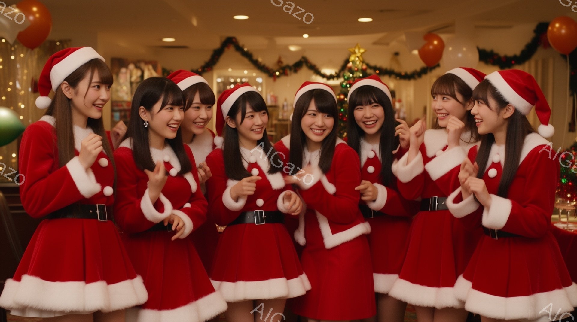 画像には、赤いサンタクロースの衣装を着た若い女性たちが一列に並んでいます。彼女たちは皆笑顔で、片手を頬に当ててポーズをとっており、クリスマスの雰囲気を楽しんでいるようです。背景にはクリスマスツリーや飾り付けがあり、温かく楽しい雰囲気が漂っています。