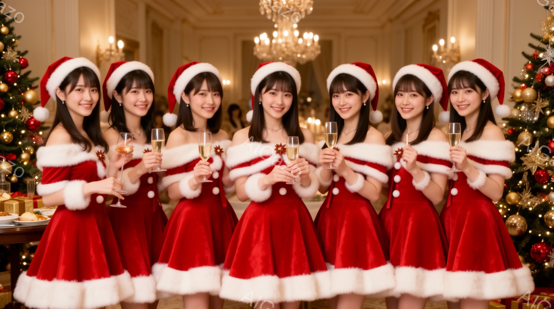 画像には、赤いサンタクロースのドレスを着た女性が5人並んでおり、それぞれ手にシャンパンのグラスを持っています。彼女たちは皆、笑顔でカメラに向かってポーズをとっており、白いふわふわのトリムが施されたドレスが特徴的です。背景には、クリスマスツリーや豪華な内装が見え、お祝いの雰囲気を感じさせます。