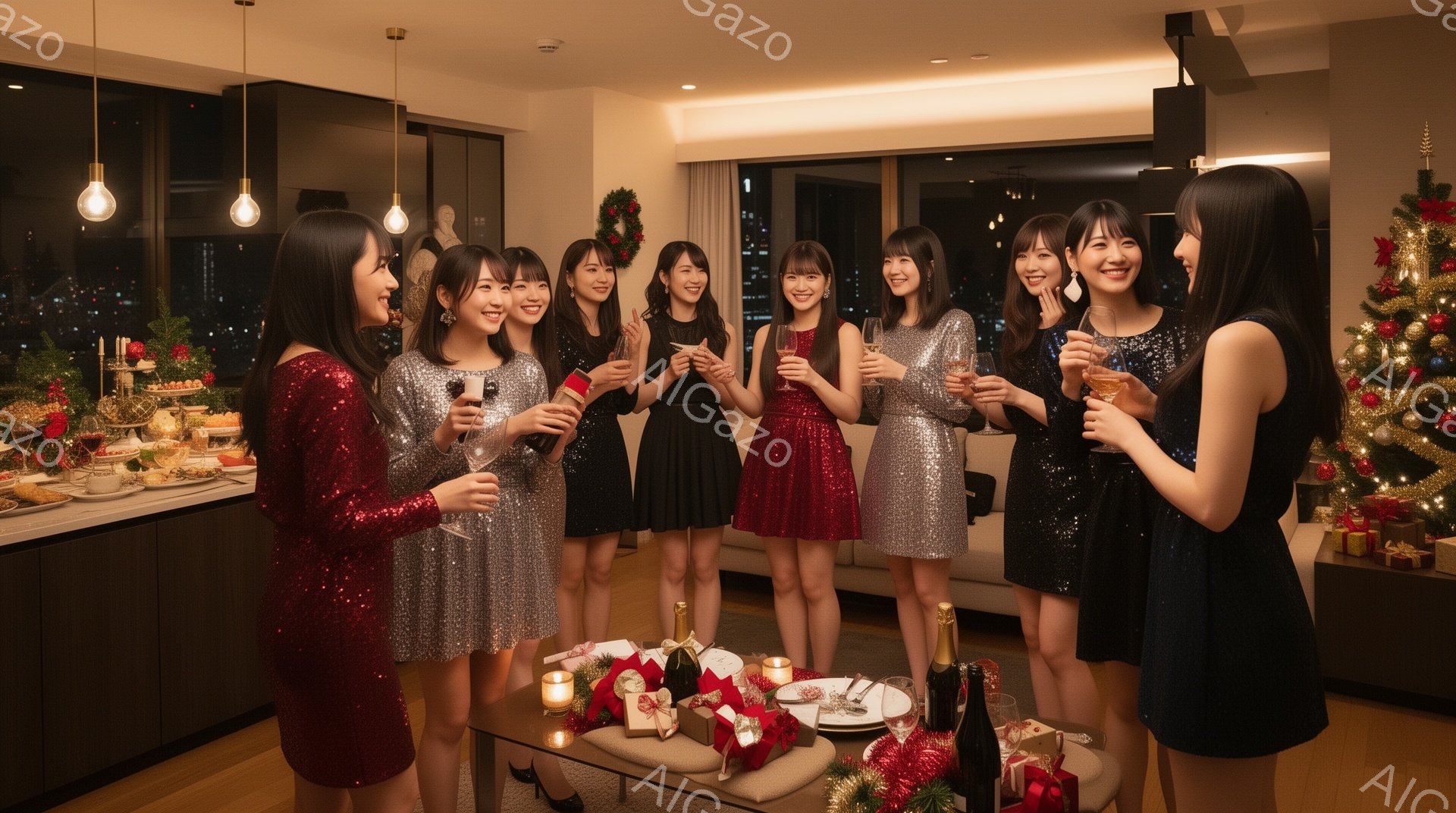 画像には、キラキラしたドレスを着た女性たちが集まって、シャンパングラスを掲げて祝っている様子が写っています。彼女たちは皆笑顔で、華やかなパーティーの雰囲気を醸し出しており、背後にはクリスマスツリーや夜景が見えます。室内は暖色系の照明で照らされ、上品で温かい空間が演出されています。