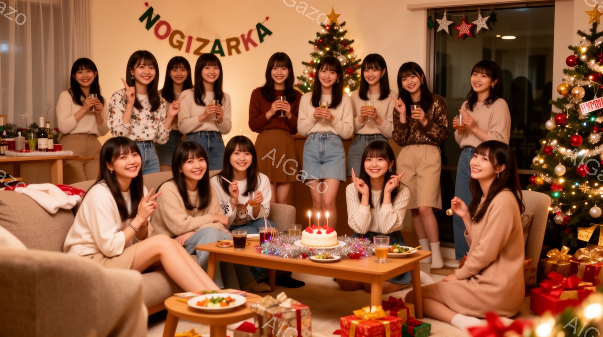 メンバー11人がクリスマスツリーを背景に、リビングルームで集まってお祝いしている様子が写っています。皆、カジュアルな服装で、白いセーターやデニムショートパンツなどを着ており、手にグラスを持って笑顔を見せています。部屋にはプレゼントやケーキが置かれ、暖かく、華やかなクリスマスの雰囲気が漂っています。
