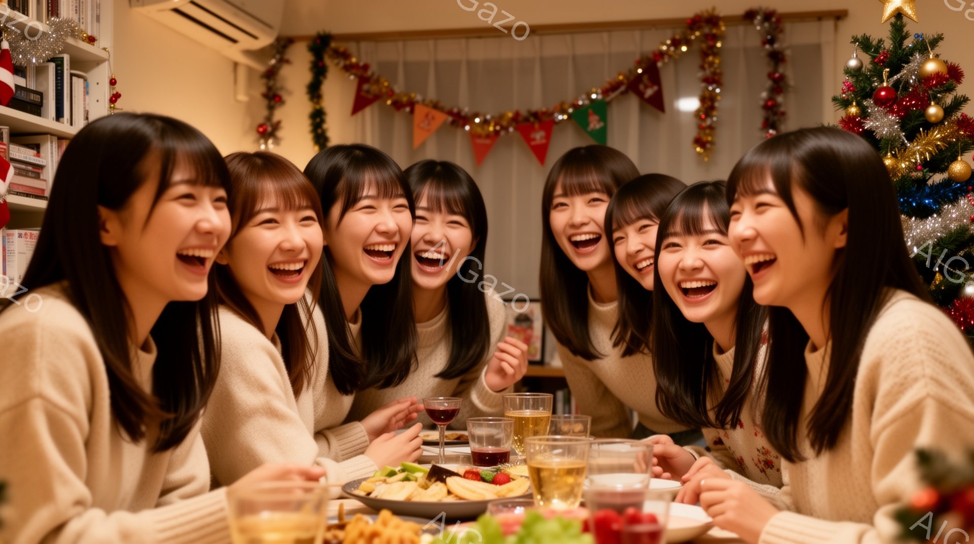暖炉の前に集まった若い女性たちが写っています。皆、ベージュ色のセーターを着ており、明るい笑顔で楽しそうに笑っています。背景にはクリスマスツリーやガーランドが見え、テーブルには料理と飲み物が並べられ、暖かく賑やかなパーティーの雰囲気が伝わってきます。