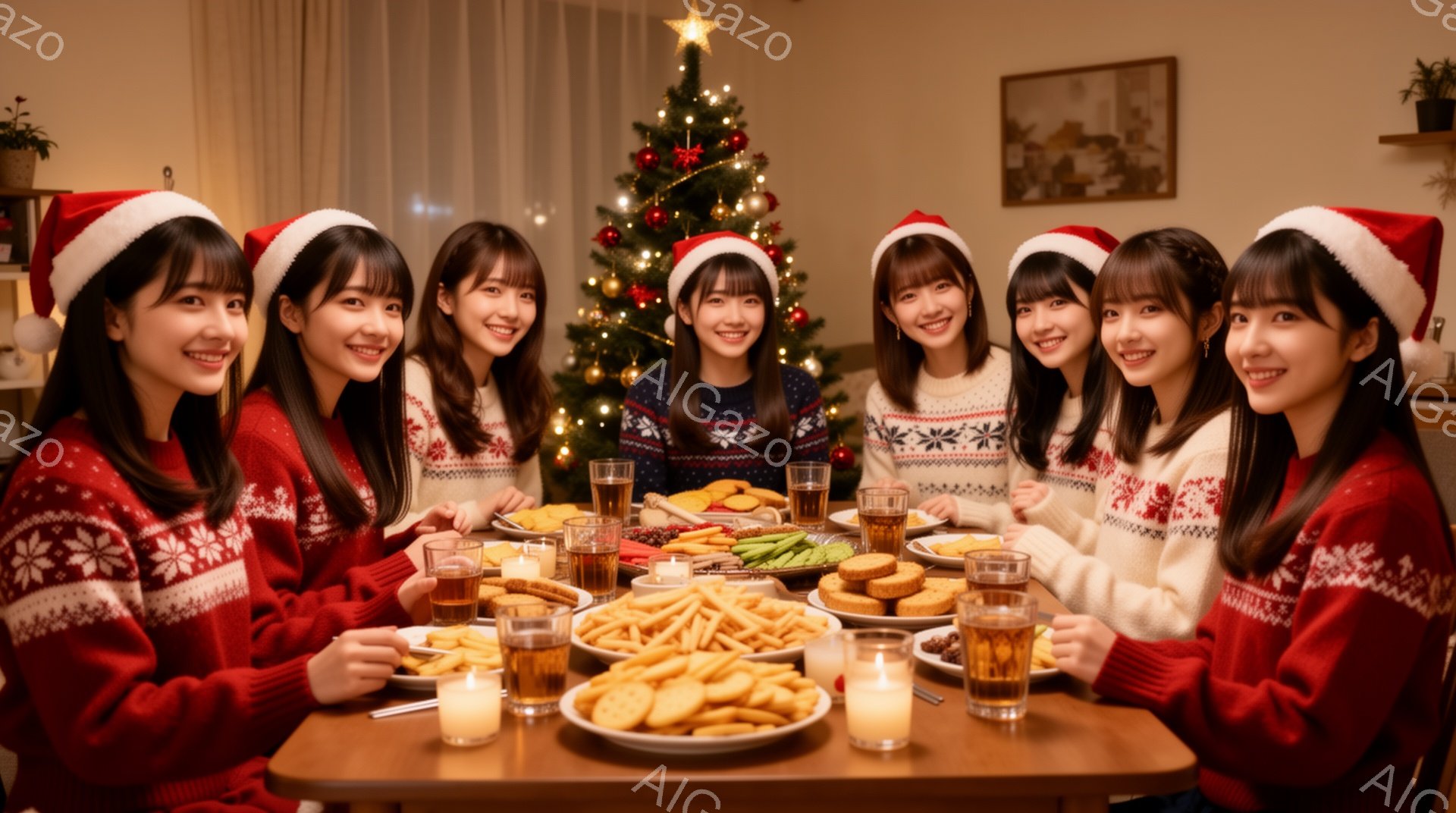 暖炉のある部屋で、サンタの帽子をかぶった若い女性たちがクリスマスのディナーを楽しんでいる様子が描かれています。彼女たちは皆、クリスマスの柄が入ったセーターを着ており、顔には笑顔が溢れています。背景にはクリスマスツリーがあり、テーブルには料理や飲み物が並び、温かく楽しい雰囲気が漂っています。
