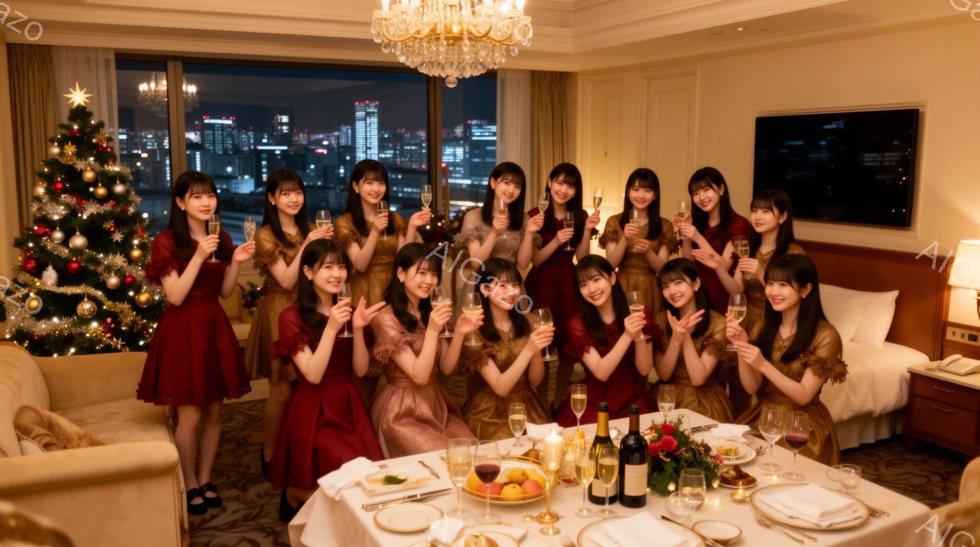 豪華なホテルの一室で、クリスマスの飾り付けがされたツリーを背景に、ドレス姿の女性たちがシャンパングラスを手に楽しそうに集合しています。赤とゴールドの華やかなドレスを着た女性たちは、笑顔でグラスを掲げ、お祝いの雰囲気を醸し出しています。窓の外には夜景が広がり、きらめく光がパーティーを一層盛り上げています。