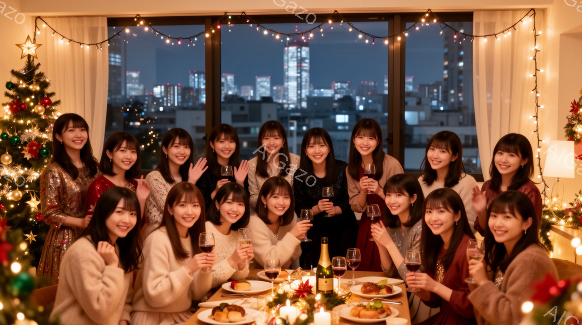 多くの若い女性たちがクリスマスを祝うパーティの様子が写っています。彼女たちは華やかな服装で、ワイングラスやシャンパンボトルを持って笑顔でポーズをとっており、背景には夜景が広がる大都市の景色が見えます。室内はクリスマスツリーやイルミネーションで飾られ、暖かく華やかな雰囲気が漂っています。