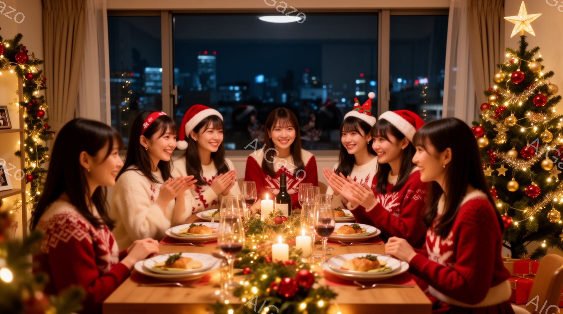 暖炉とクリスマスツリーが飾られた部屋で、赤いセーターとサンタ帽をつけた女性たちが円卓を囲み、夕食を楽しんでいます。皆笑顔で手を叩いており、楽しそうな雰囲気です。背景には夜景が広がり、温かく華やかなクリスマスの夜を過ごしている様子が伝わってきます。