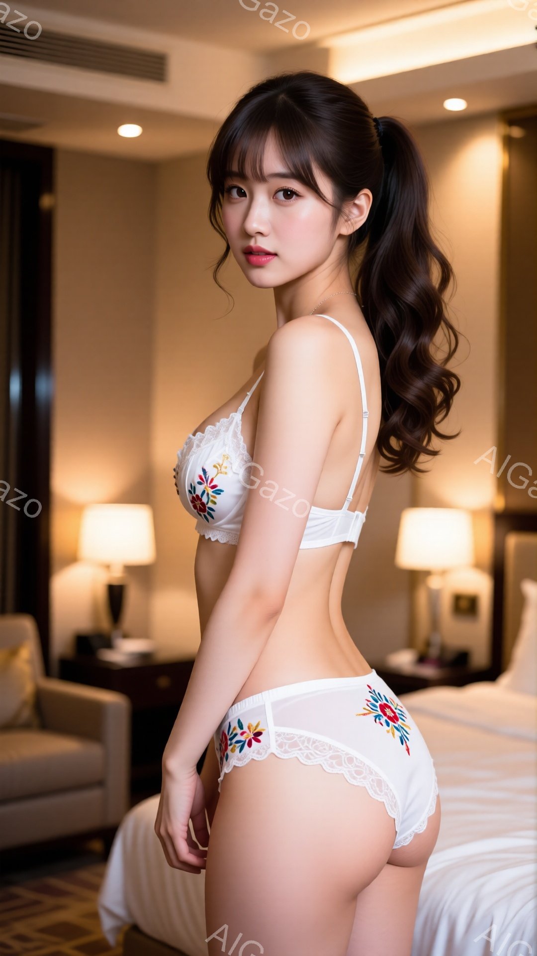 長い黒髪をハーフアップにした若い女性が、白いレースと刺繍が施されたブラとショーツ姿で立っている。彼女はカメラに向かって少し振り返り、微笑んでおり、背景には明るい色調のホテルルームが見える。全体的に、明 - AI生成フリー素材
