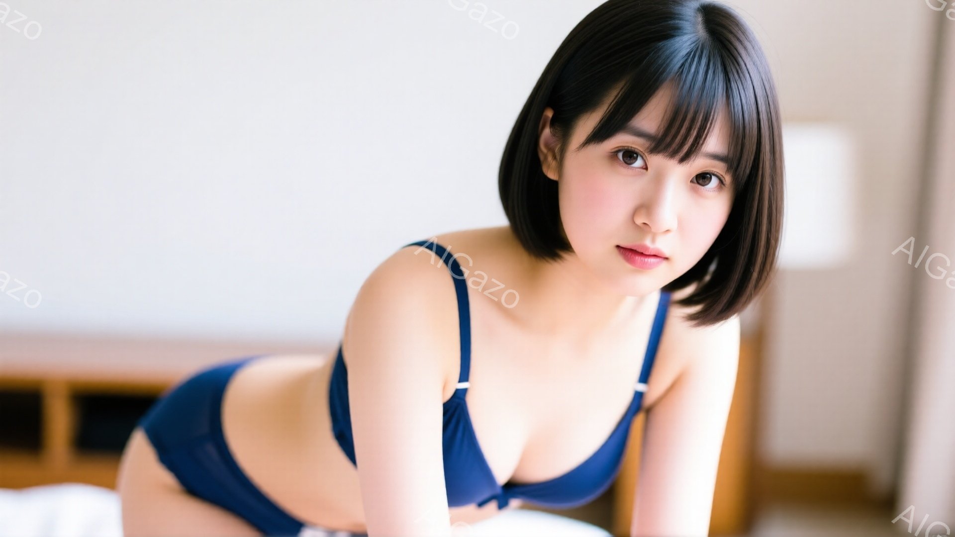 ショートヘアの女性が、ネイビーブルーのブラとショーツの下着姿で、白いシーツの上に横たわっています。彼女はカメラ目線で微笑んでおり、リラックスした雰囲気です。背景にはぼんやりと家具が見え、室内で撮影され - AI生成フリー素材