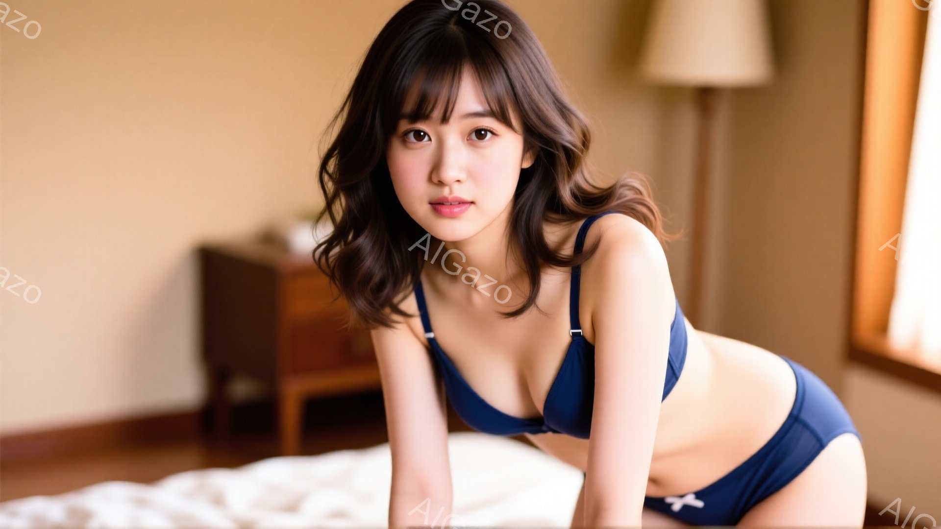 褐色の長い髪の女性が、紺色の下着姿で白いベッドに横たわっています。彼女はカメラに向かって微笑み、リラックスした姿勢で体をわずかに湾曲させています。背景には木製のチェストと窓から差し込む光があり、暖かく - AI生成フリー素材