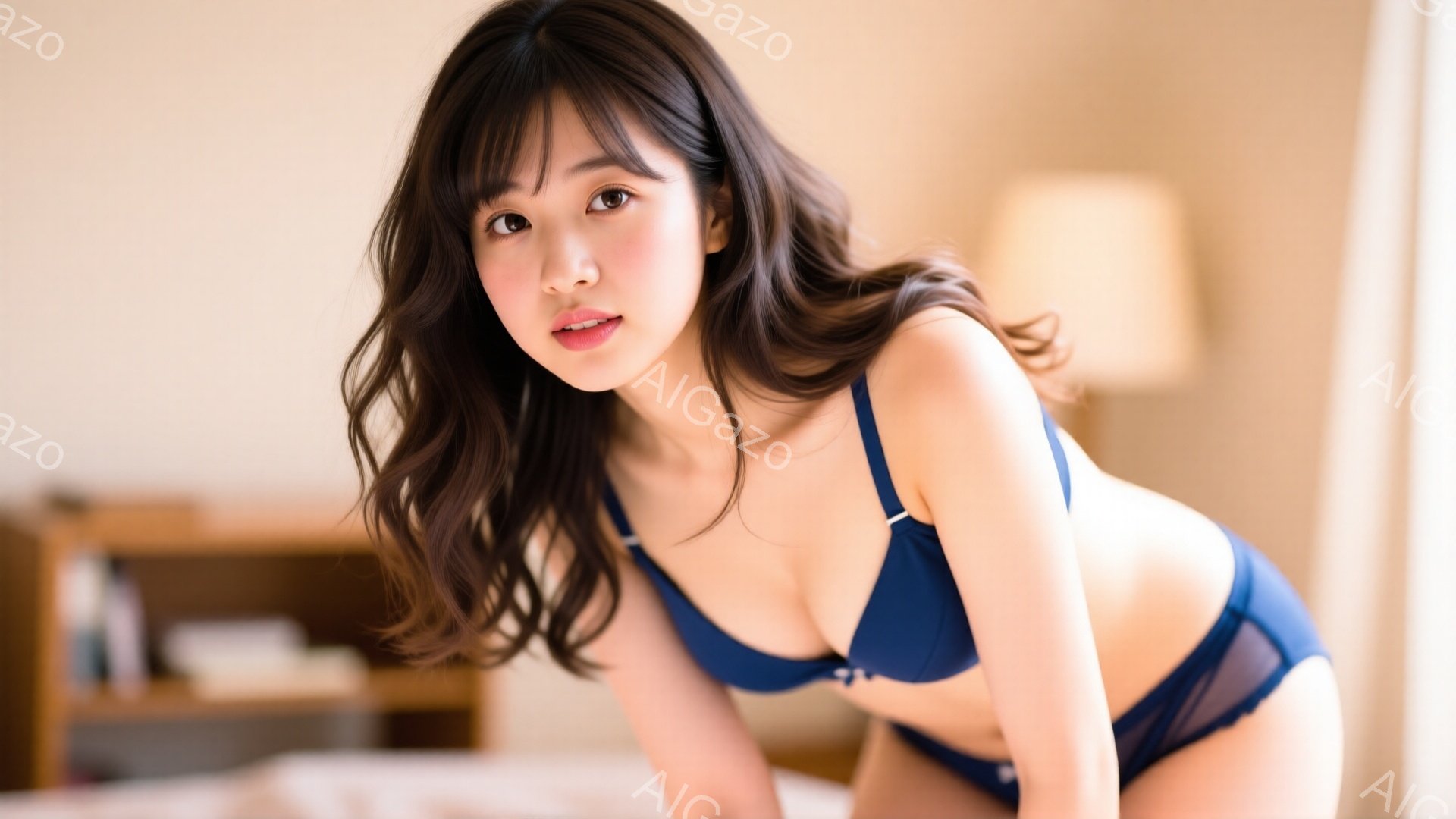 長い茶色の髪をした女性が、青い下着姿でベッドの上に横たわっています。彼女は少し体を起こし、カメラの方を見て微笑んでいます。背景には木製の棚と柔らかい光があり、リラックスした雰囲気が漂っています。 - AI生成フリー素材