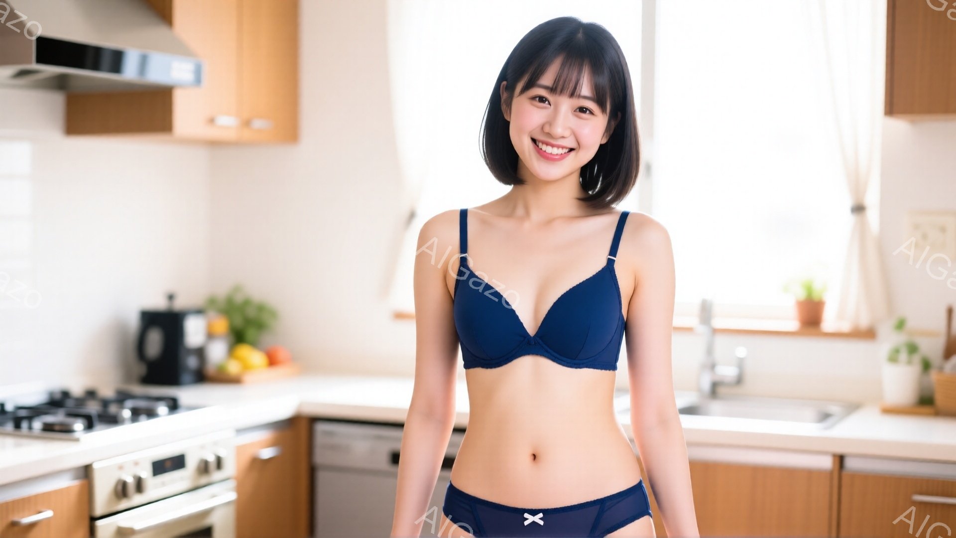 明るいキッチンを背景に、紺色のブラとショーツ姿の女性が立っています。彼女は肩まで届く黒髪で、微笑みを浮かべながらカメラを見つめています。背景には木製のキャビネットや調理器具が見え、家庭的な雰囲気が漂っ - AI生成フリー素材