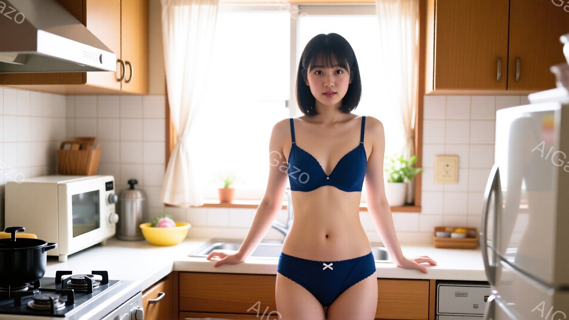 明るいキッチンで、紺色のブラとショーツを身につけた若い女性が立っています。彼女は肩を少し下げ、両手でカウンタートップを支え、穏やかな表情で正面を見ています。背景には、白と茶色のキャビネット、電子レンジ - AI生成フリー素材