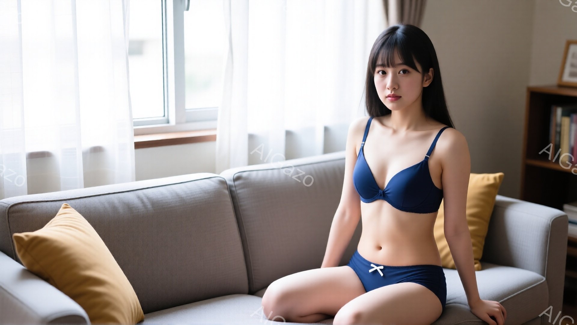 黒髪の女性がグレーのソファに座っており、濃い青色のブラジャーとショーツを身に着けています。彼女は膝を曲げて座り、少し微笑んでいます。背景には窓、本棚、そして黄色の枕が見え、全体的に穏やかで居心地の良い雰囲気が漂っています。