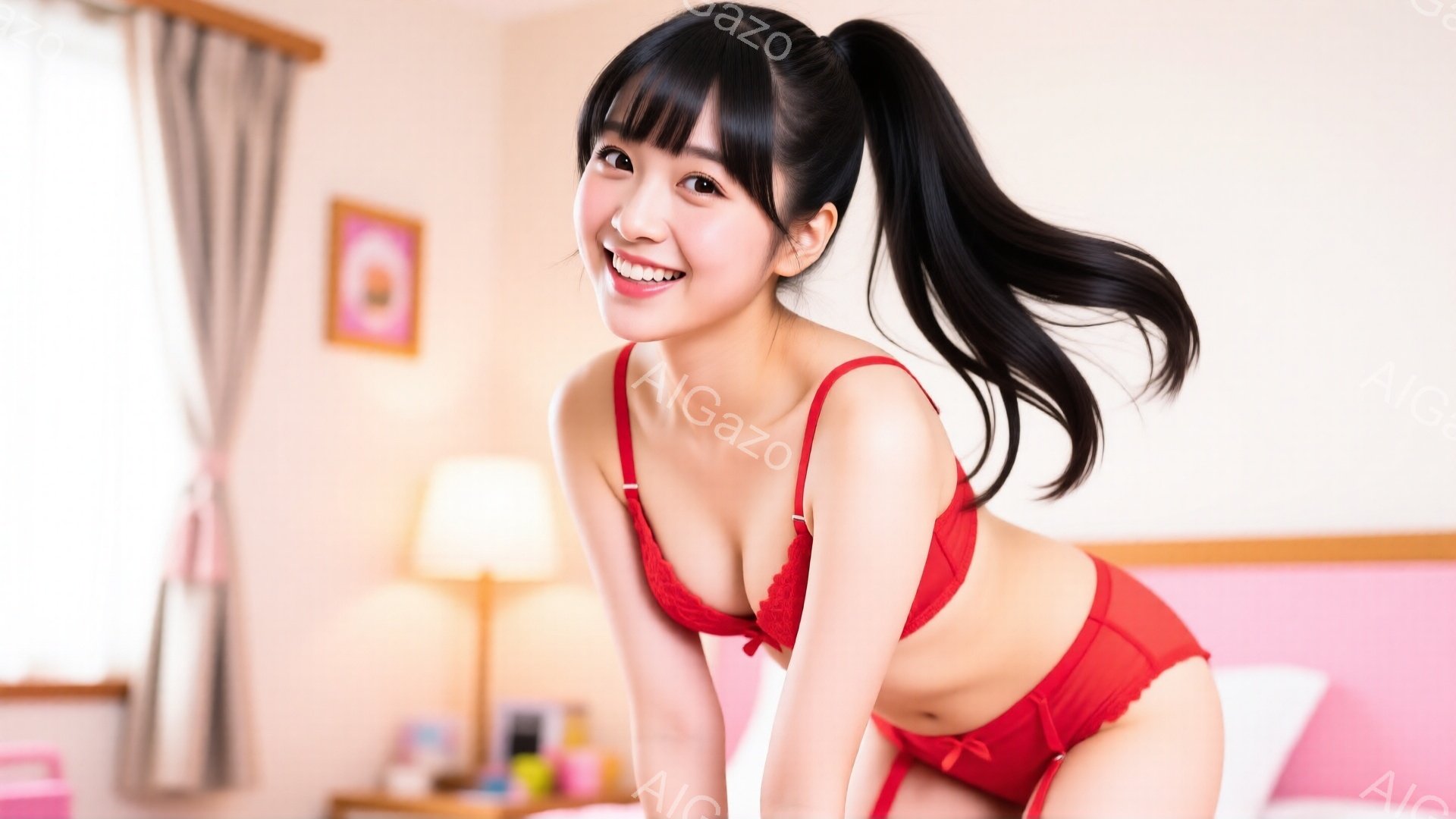 長い黒髪をポニーテールにした若い女性が、赤い下着姿でベッドの上に立っています。彼女はカメラに向かって笑顔でポーズをとっており、明るい雰囲気です。背景には淡いピンクのベッド、テーブルランプ、そして絵画が - AI生成フリー素材