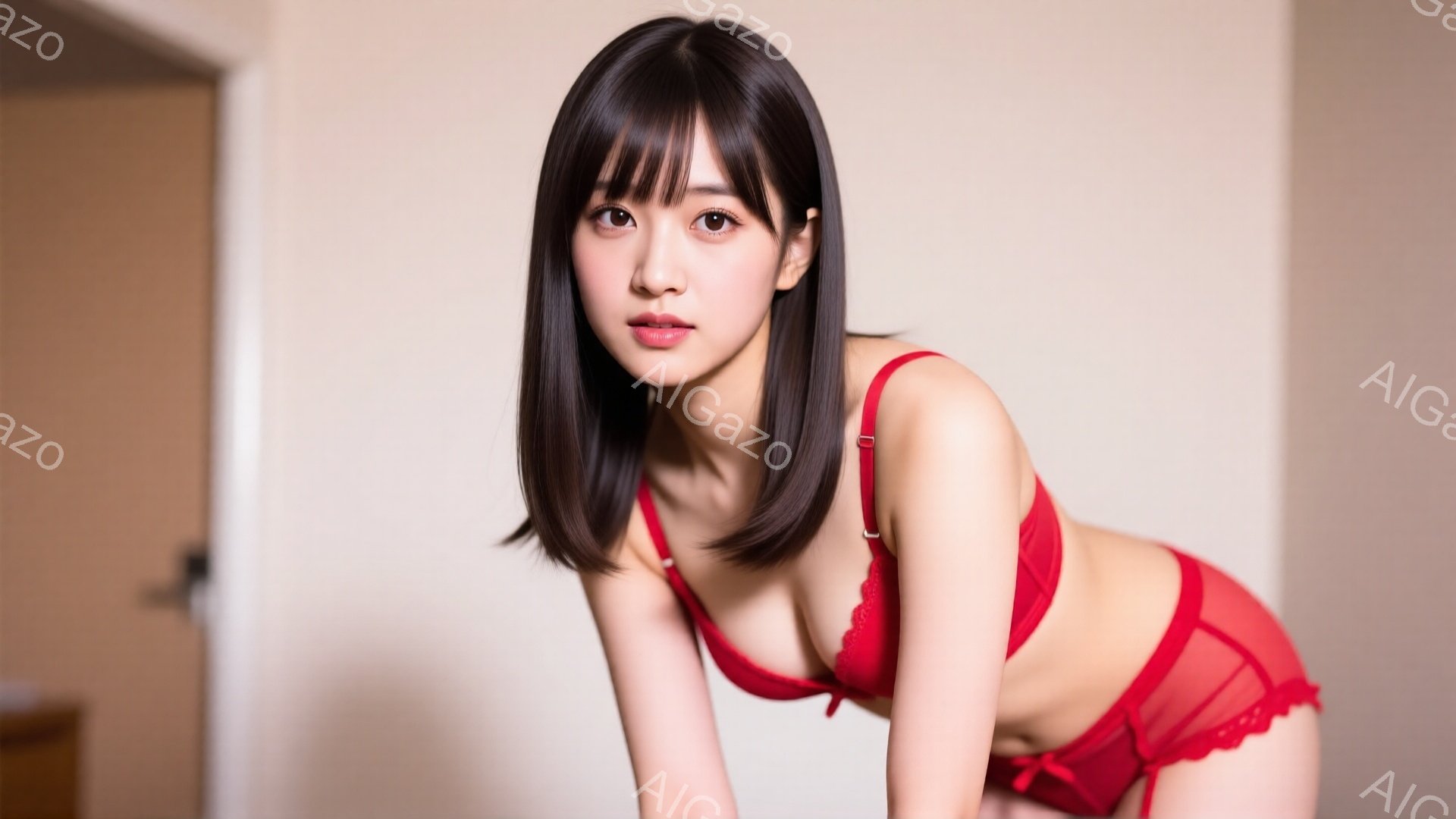 黒髪の女性が赤い下着姿でこちらを見ている。彼女は少し体をかがめており、挑発的な表情を浮かべている。背景は薄い壁で、わずかにドアが見える、室内で撮影された写真のようだ。