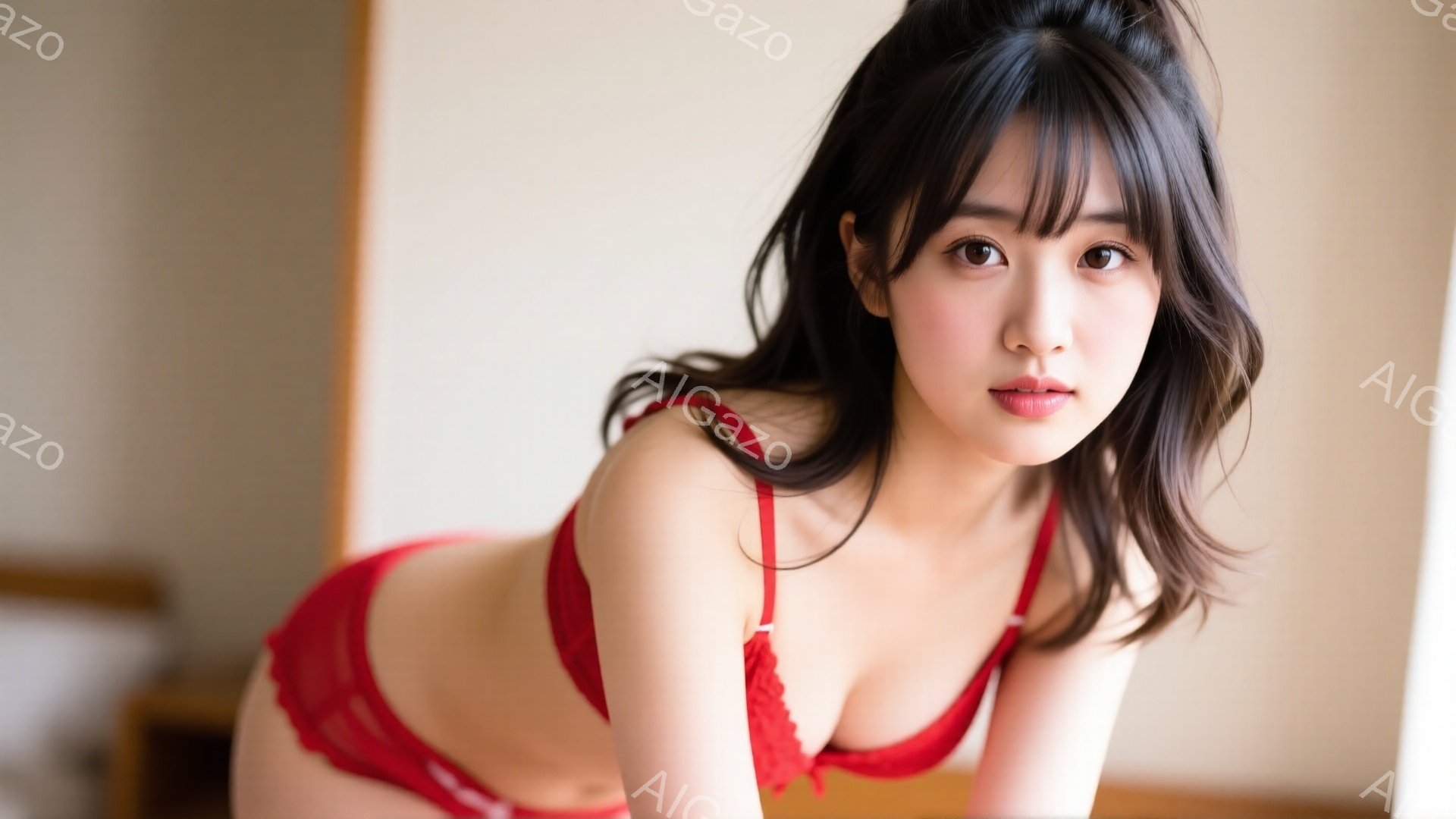 長い黒髪を無造作に垂らし、赤いレースのブラとショーツを身に着けた女性が写っている。彼女はカメラに向かって微笑み、上半身をベッドの上に横たえ、リラックスしたポーズをとっている。背景はぼやけており、室内の - AI生成フリー素材