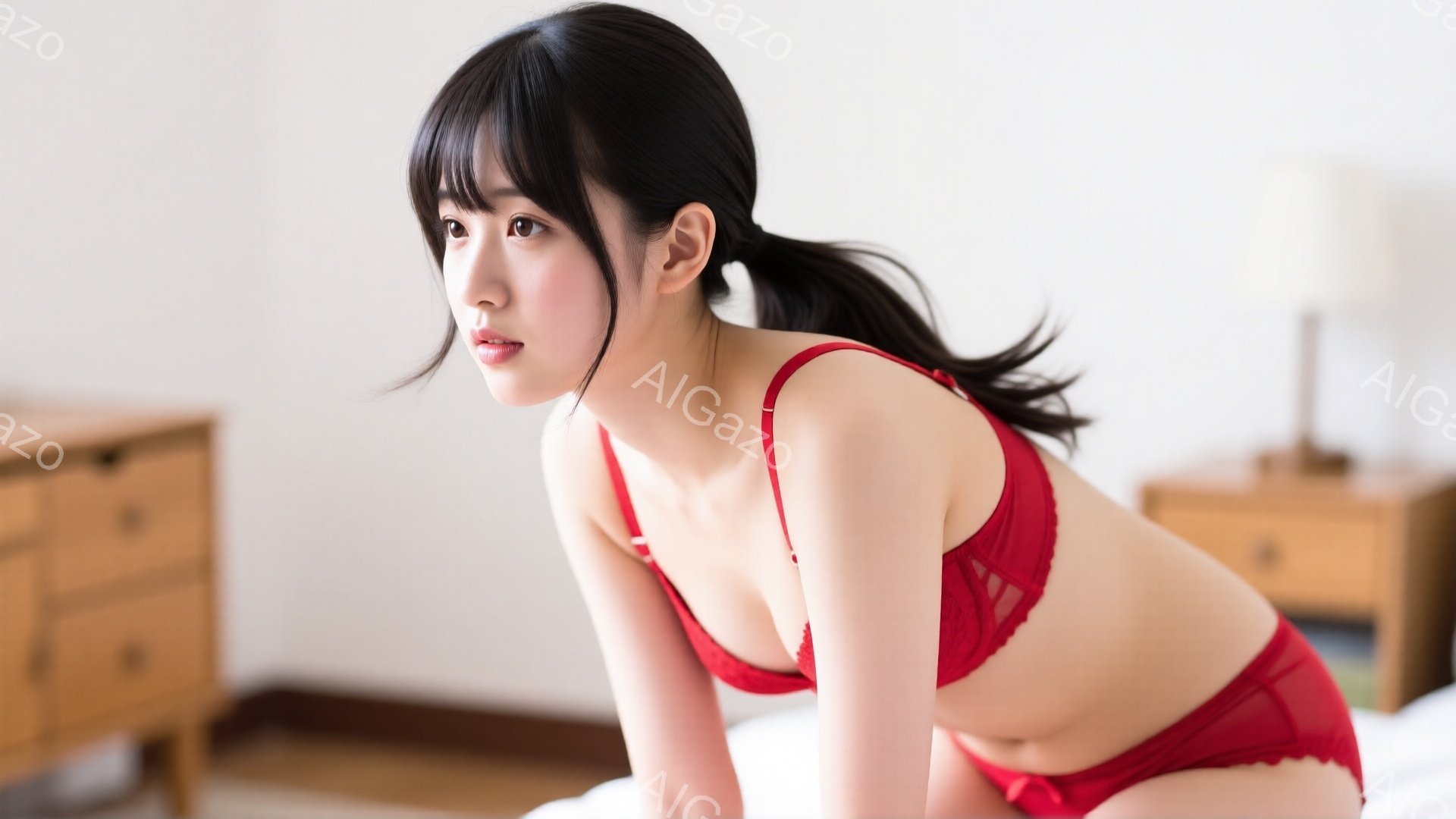 長い黒髪をポニーテールにした若い女性が、赤いランジェリーを着てベッドに座っています。彼女は少し振り返り、リラックスした表情でこちらを見ています。背景には木製のナイトスタンドとチェストがあり、明るくシン - AI生成フリー素材