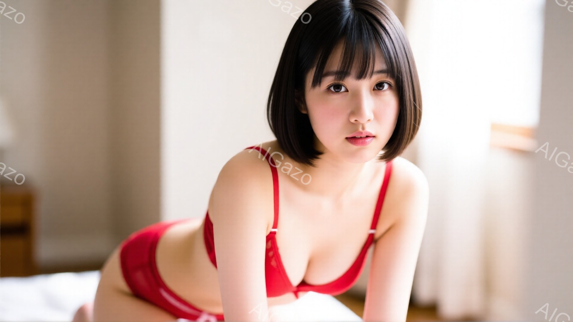 黒髪のボブヘアの女性が、赤いブラレットとショーツ姿でベッドに横たわっています。彼女はカメラを見つめており、少し微笑んでいるような、控えめな表情をしています。背景はぼやけていますが、部屋の一部と窓から差 - AI生成フリー素材