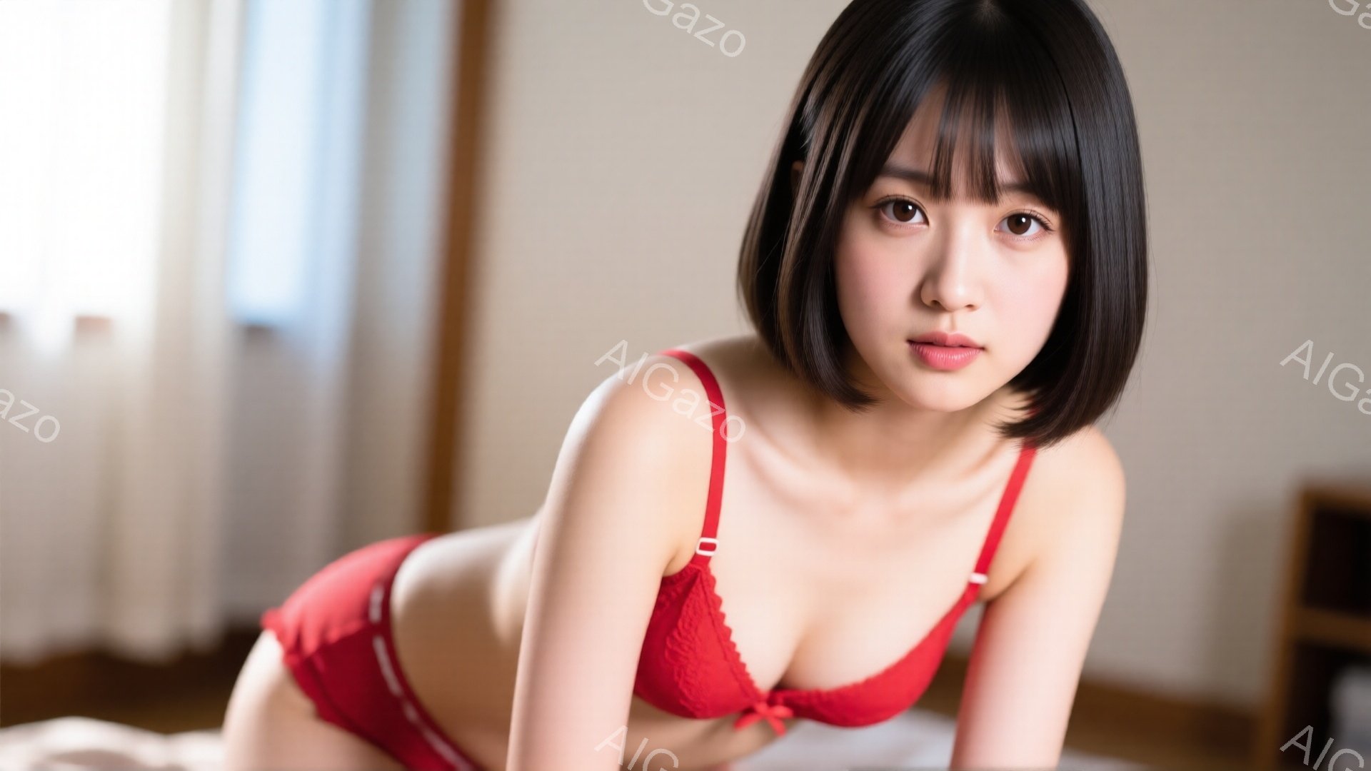 短い黒髪の女性が赤いランジェリーを着て、ベッドの上にうつ伏せになっている。彼女はカメラに向かって少し微笑んでおり、視線は穏やかで魅力的だ。背景はぼやけており、部屋の一部と木製の家具が見える。