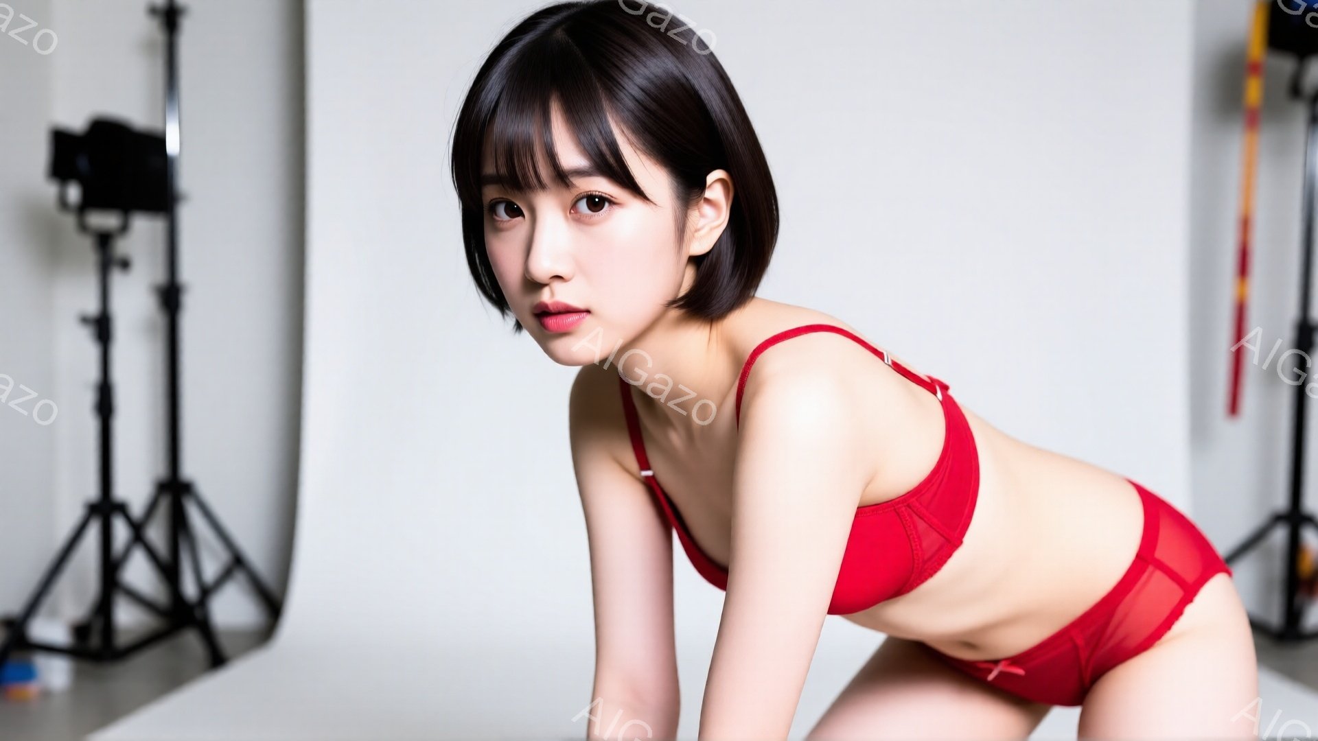 短い黒髪の女性が赤い下着姿で膝をついています。彼女はカメラに向かって少し微笑み、自信に満ちた表情をしています。背景には撮影機材が写り、スタジオのような空間であることが分かります。