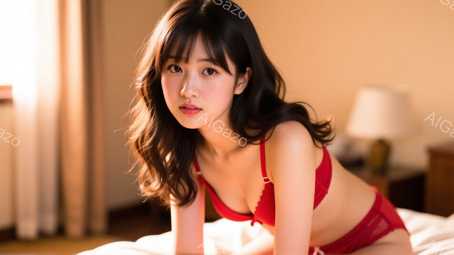 長い黒髪で、前髪が目にかかる女性が、赤い下着姿でベッドに横たわっています。彼女はカメラに向かって微笑んでおり、リラックスした雰囲気です。背景にはぼやけた家具と柔らかい光があり、暖かく親密な雰囲気を醸し - AI生成フリー素材