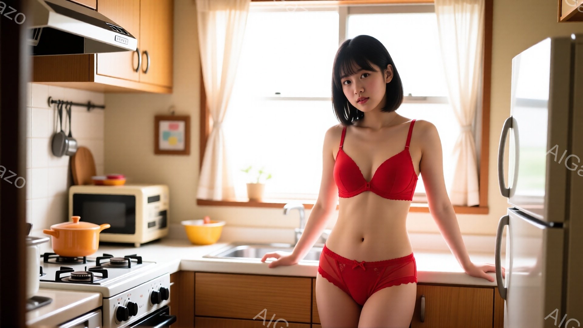 明るいキッチンで、若い女性が赤い下着姿でカウンターに寄りかかっている。肩までの長さの黒髪で、前髪は目にかかるように整えられ、表情は少し微笑んでいる。背景には調理台、ガスコンロ、冷蔵庫があり、窓からは自然光が差し込んでいる。