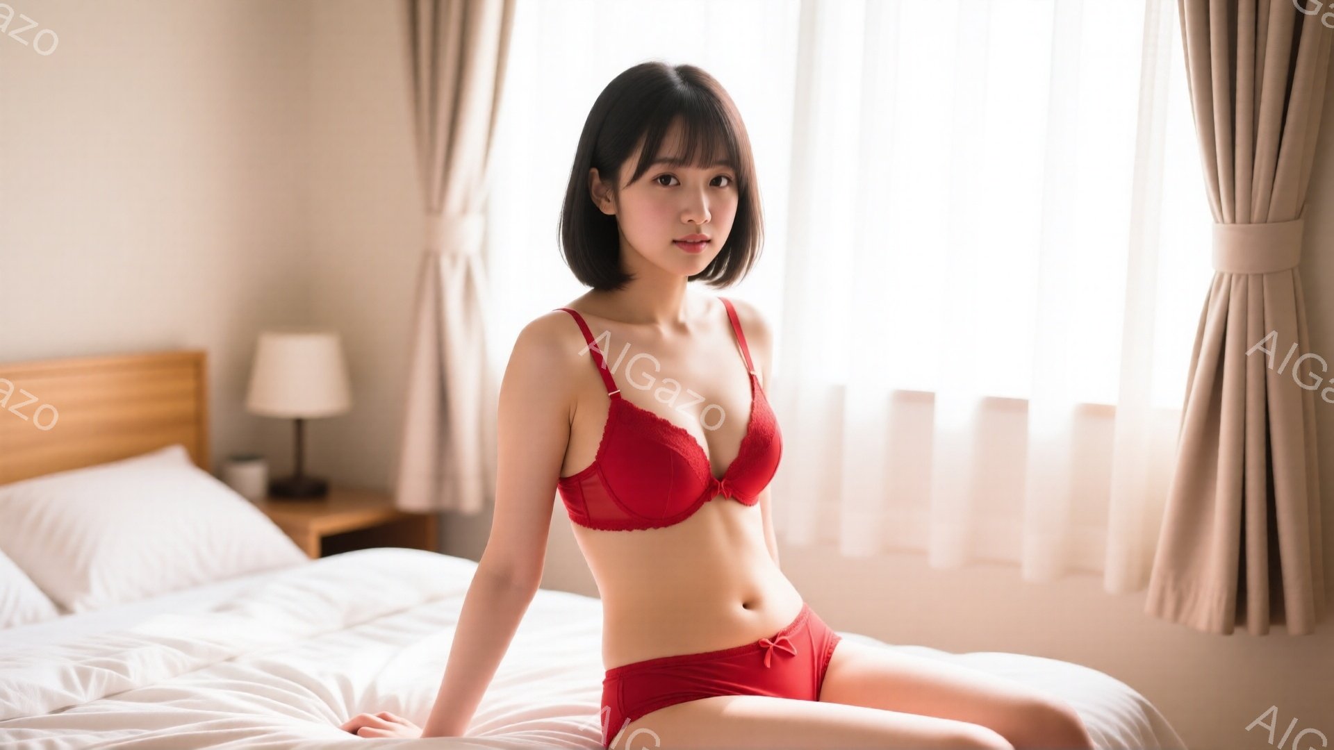 赤いブラとショーツを身につけた女性がベッドに座っています。彼女は短い黒髪で、少し微笑んでおり、リラックスした表情をしています。背景には、ベージュのカーテンとサイドテーブルが見え、明るく穏やかな雰囲気を - AI生成フリー素材