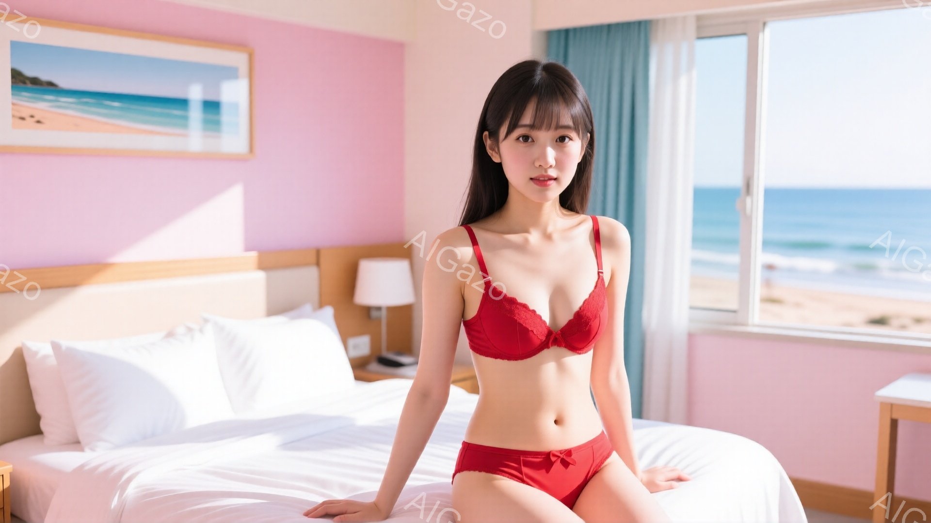 赤いブラとショーツを身に着けた女性が、白いベッドの上に座っています。彼女は長い黒髪で、顔には穏やかな笑顔が見られます。背景には海と空が広がり、穏やかでリラックスした雰囲気を醸し出しています。 - AI生成フリー素材