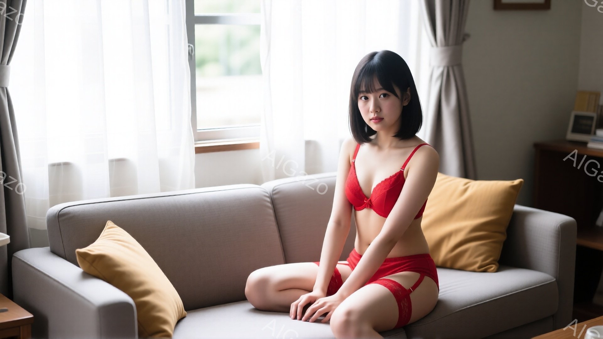 短い黒髪の女性が、グレーのソファに座ってこちらを見ている。赤いレースのブラジャーとショーツを身に着け、膝を立てて少し物憂げな表情をしている。背景には窓とカーテンが見え、部屋の雰囲気は柔らかく、日常的で - AI生成フリー素材