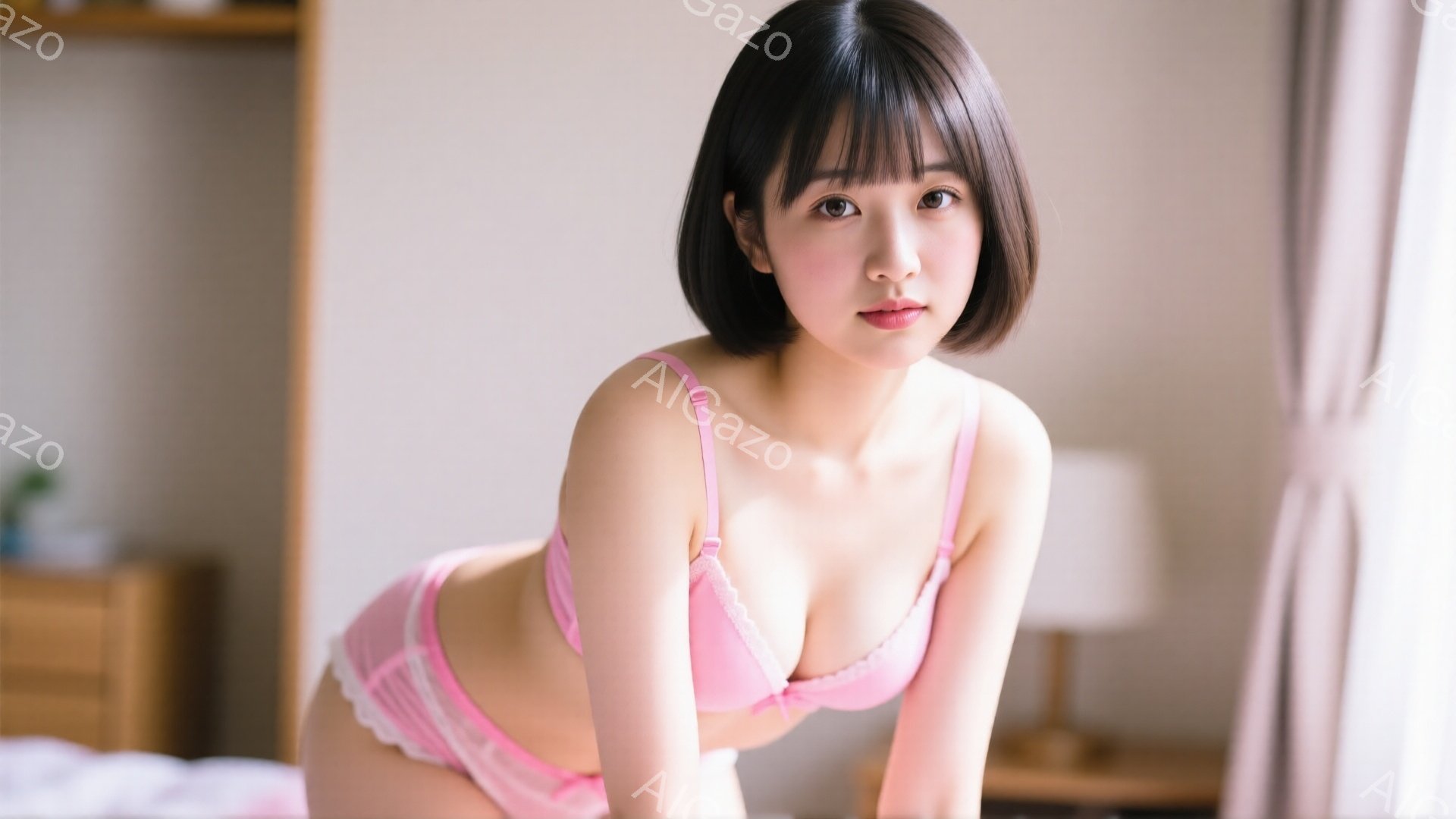 黒髪のショートヘアの女性が、ピンク色のレースのブラジャーとショーツを着用し、ベッドの上でうつむき加減にポーズをとっています。彼女は少し微笑んでおり、落ち着いた雰囲気の中に、わずかな緊張感が感じられます - AI生成フリー素材