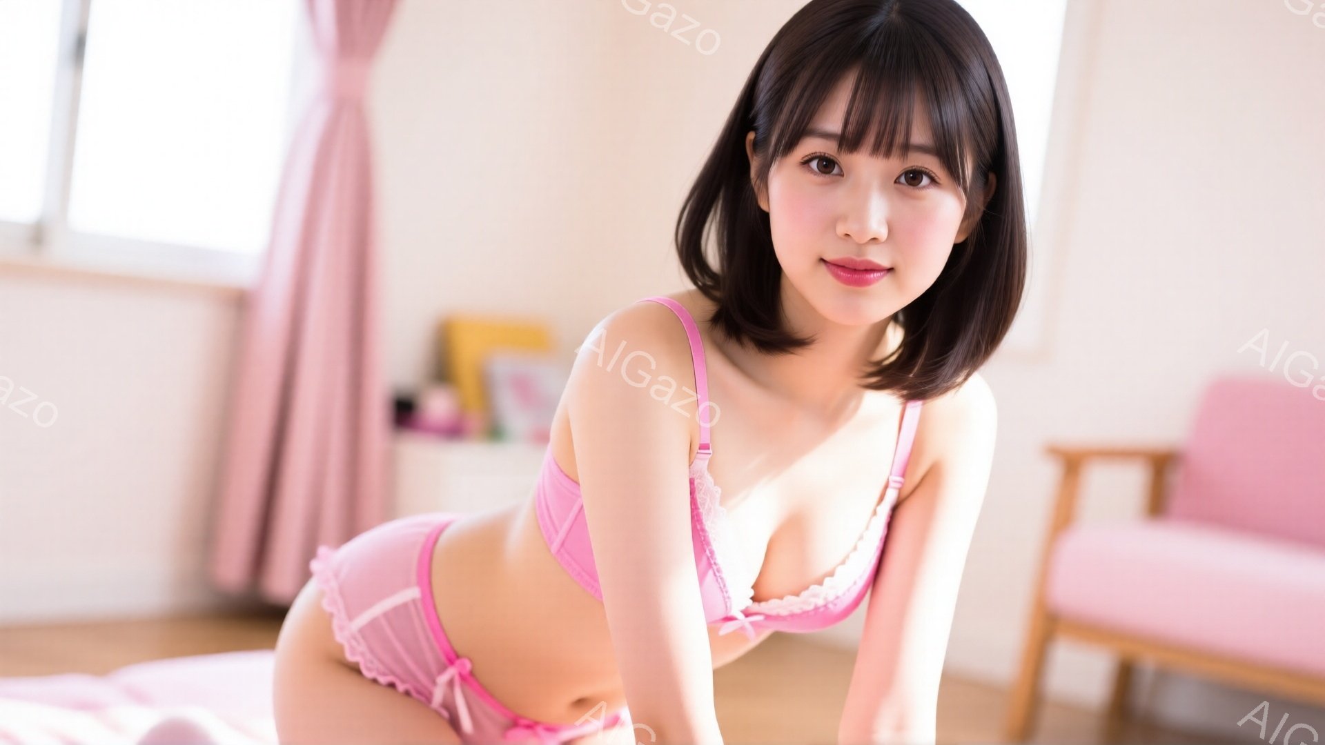 明るい室内で、ピンク色のブラとショーツを身につけた女性がこちらを見つめています。肩まで届く黒髪で、前髪は眉毛にかかるようにカットされ、柔らかい笑顔を浮かべています。背景には、ピンク色のソファやカーテン - AI生成フリー素材
