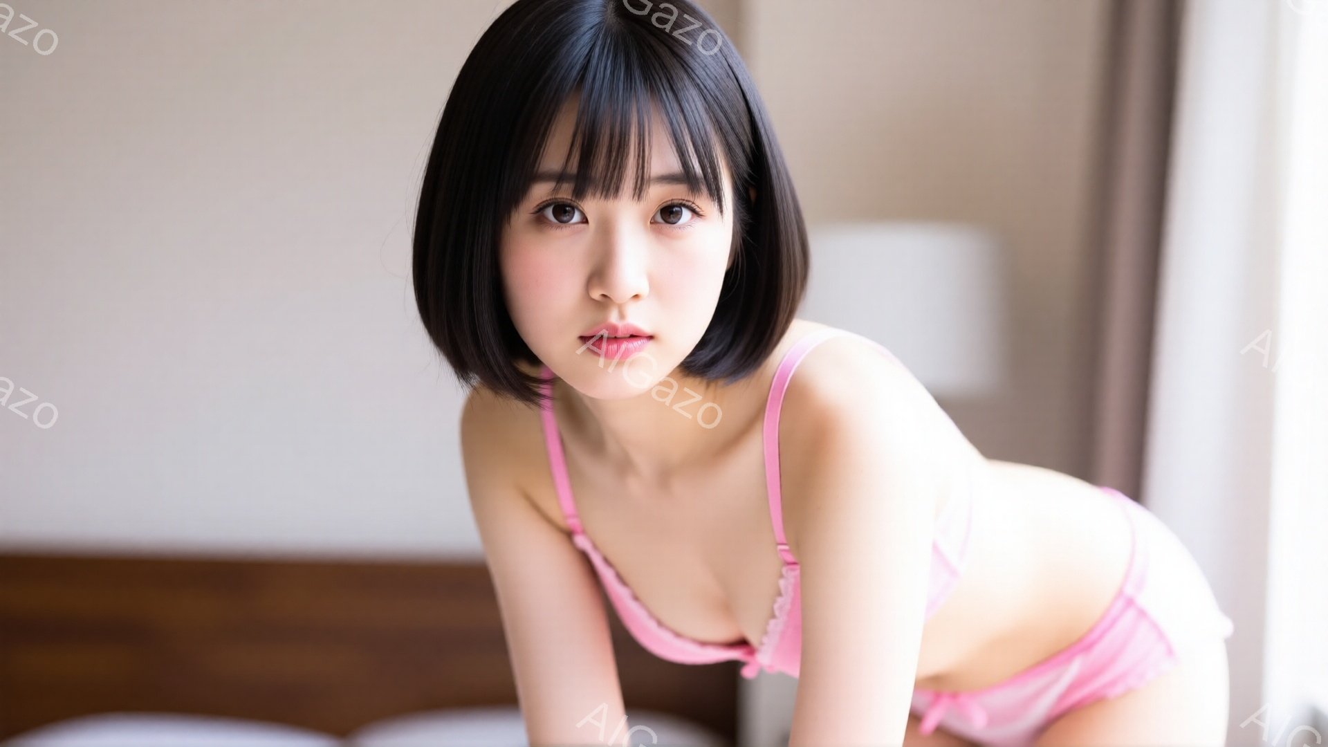 短い黒髪の女性が、ピンク色のランジェリーを着てベッドの上にいます。彼女はカメラに向かって微笑み、少し伏し目がちで、魅力的で可愛らしい表情をしています。背景は明るい室内で、ベッドと窓が見え、全体的に柔らかく温かい雰囲気です。