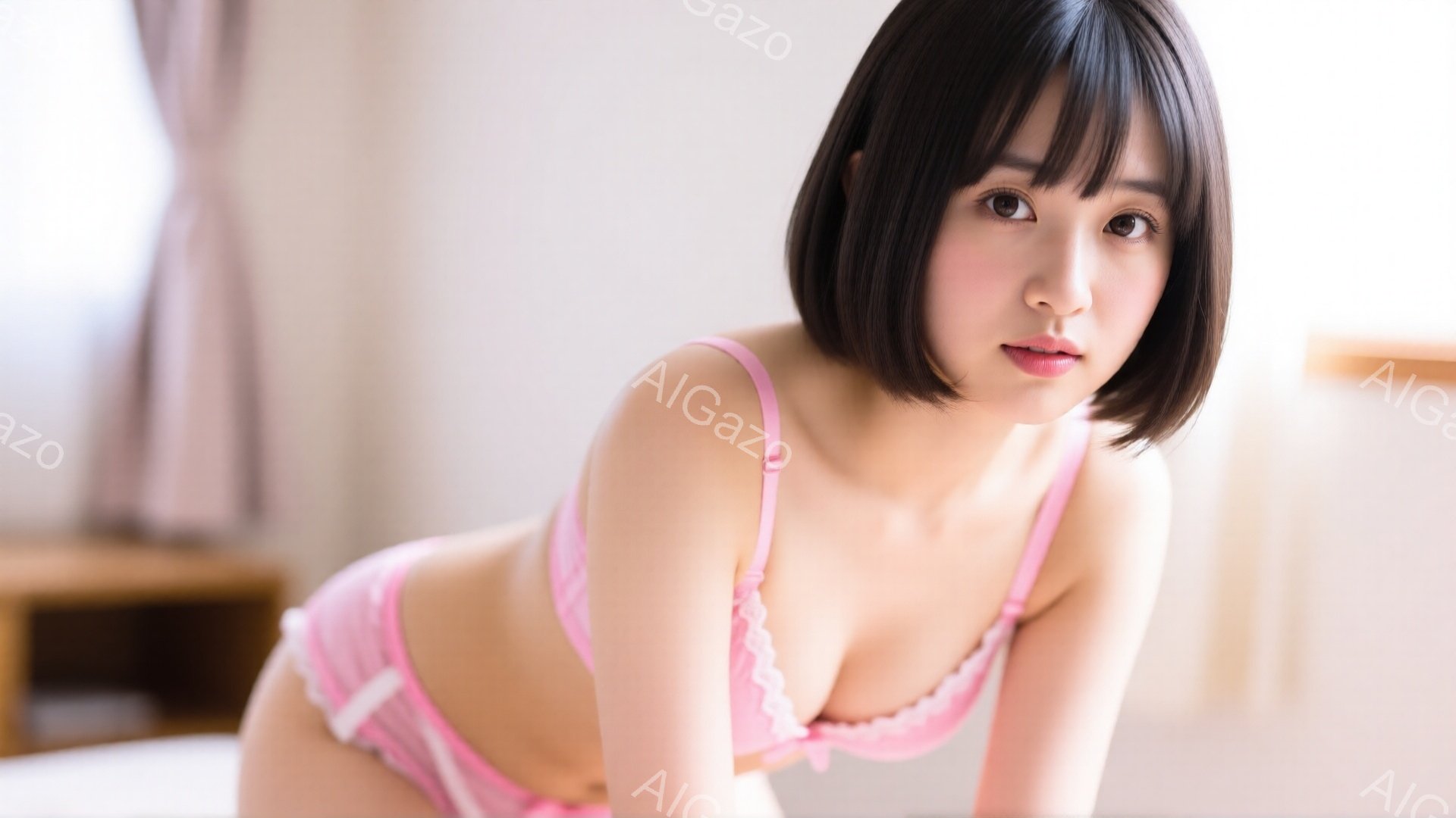 明るい色のブラとショーツを身につけた女性が、ベッドの上に横たわっています。彼女は黒髪のショートヘアで、少し微笑んだ表情をしています。背景には木製の家具とカーテンが見え、部屋全体が柔らかく暖かい雰囲気で - AI生成フリー素材