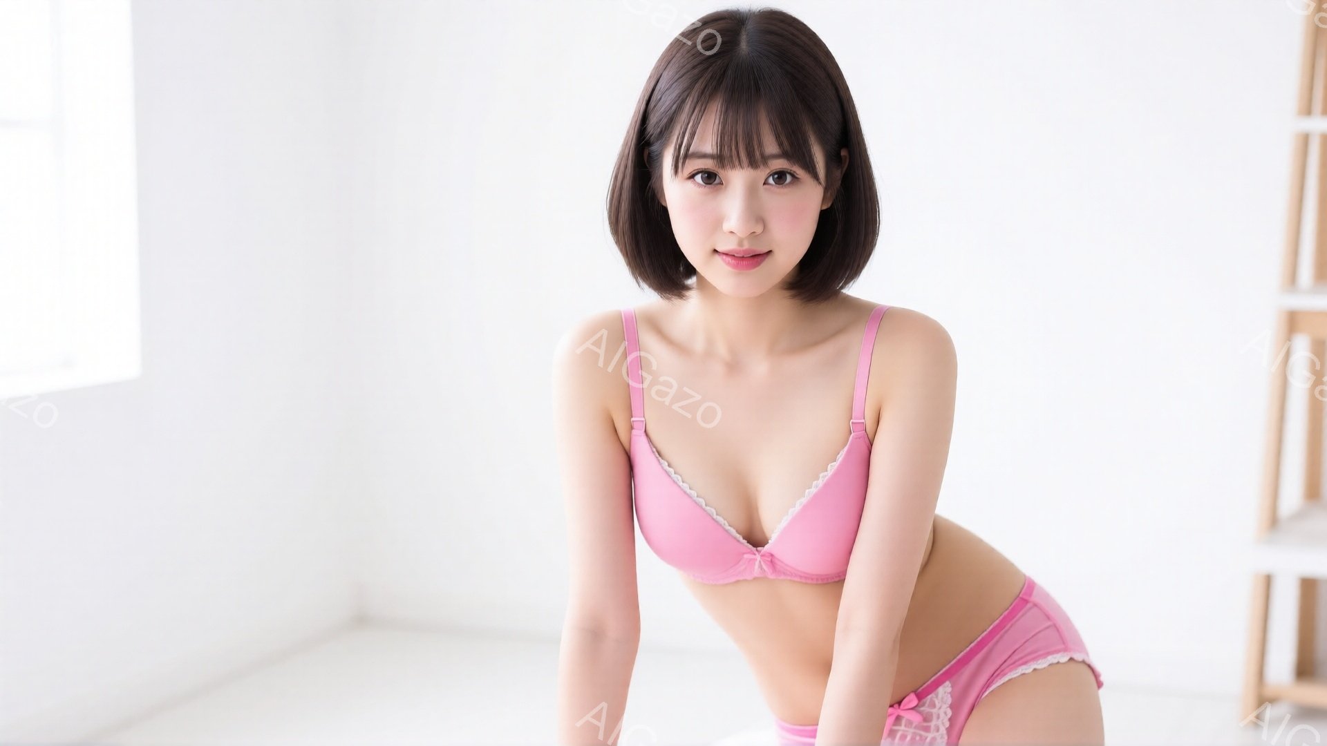 ショートヘアの女性がピンク色のブラとショーツのランジェリー姿でこちらを見つめています。彼女はわずかに前かがみになり、自信に満ちた表情を浮かべています。背景は白い壁とわずかに見える家具で、明るく清潔な雰囲気が漂っています。