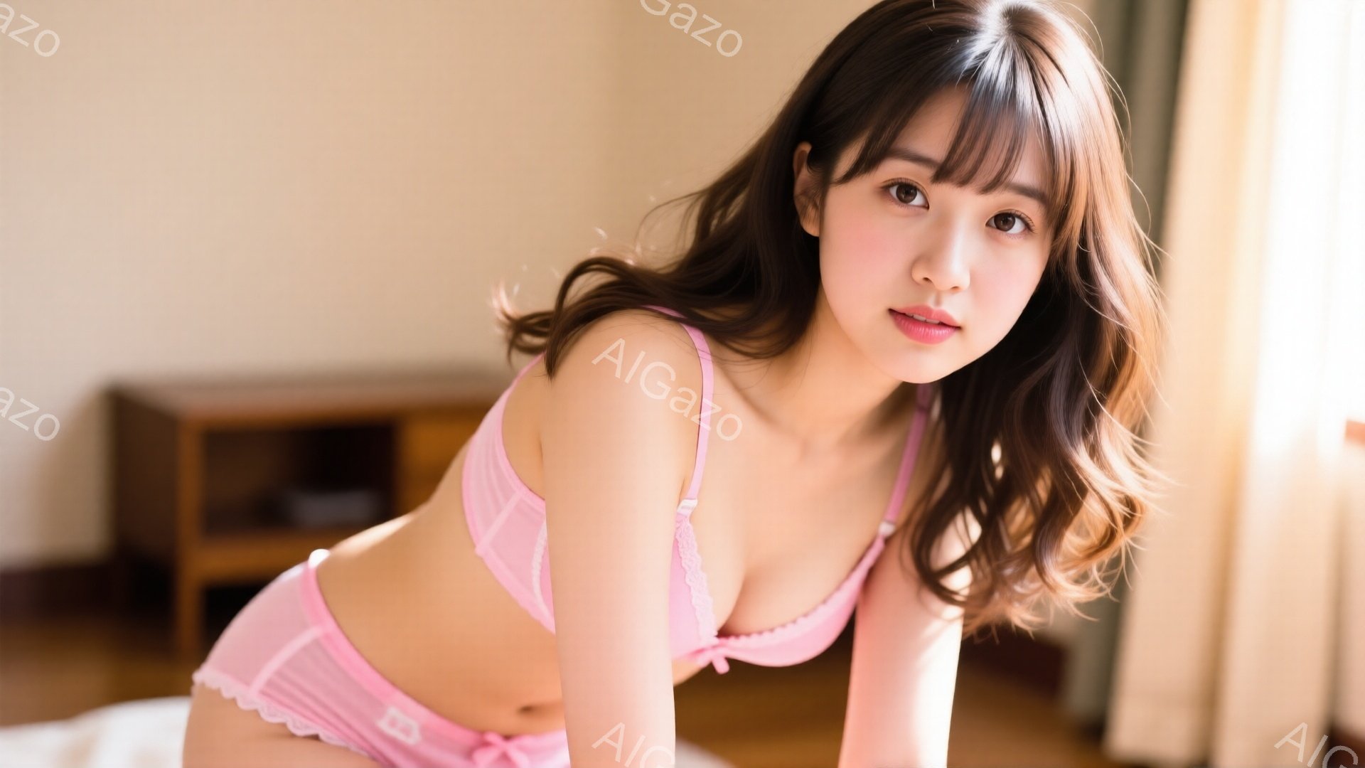 長い茶色の髪を揺らし、ピンク色の下着姿の女性がカメラを見つめています。彼女はベッドに横たわり、片腕を前に伸ばして、微笑みを浮かべています。背景には木製のキャビネットとカーテンが見え、室内は明るく柔らかい光に包まれています。