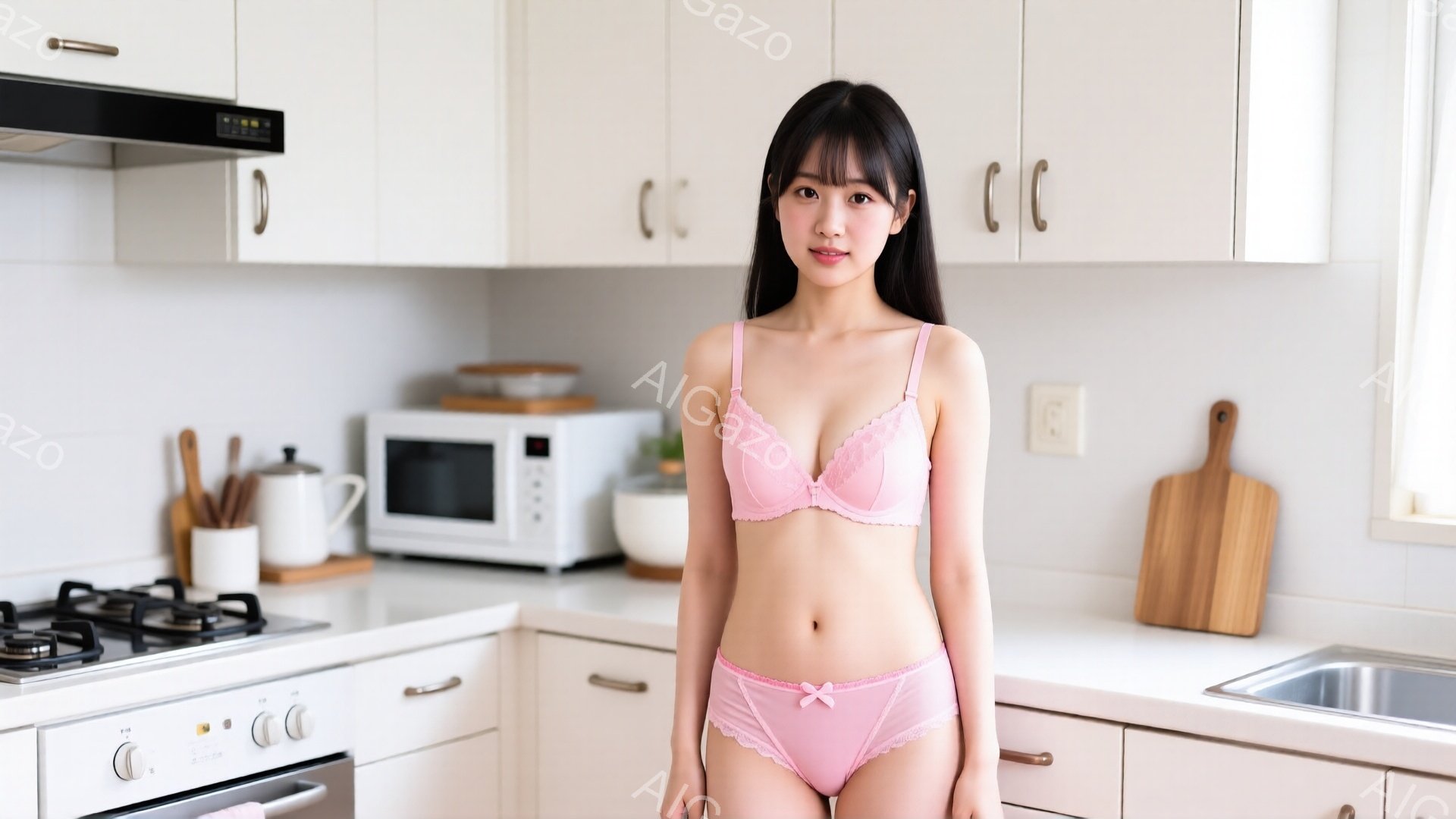 明るいキッチンで、ピンク色のランジェリー姿の若い女性が立っている。彼女は肩まで届く黒髪で、穏やかな笑顔を浮かべている。背景には白いキャビネットと調理器具があり、清潔で暖かな雰囲気である。 - AI生成フリー素材