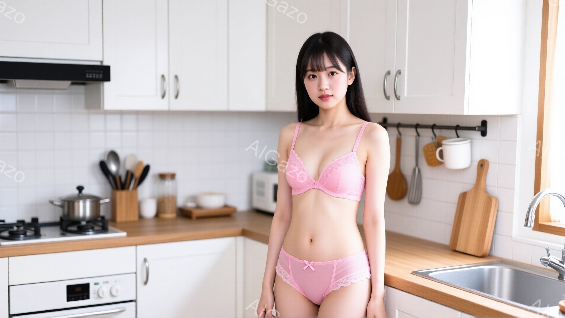明るいキッチンを背景に、ピンク色のレースのブラジャーとショーツ姿の若い女性が立っています。彼女は長い黒髪で、少し微笑んだ表情をしています。キッチンには調理器具や食器が置かれ、清潔感があり温かい雰囲気で - AI生成フリー素材