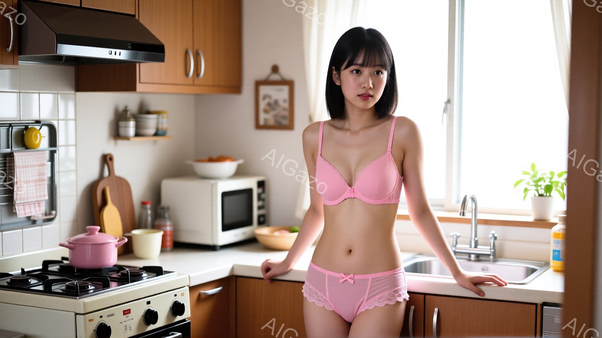 明るいキッチンで、ピンク色のブラとショーツを身につけた若い女性が立っている。彼女は黒髪のショートボブで、少し微笑んでいる。背景には、調理台、電子レンジ、食器棚などがあり、全体的に清潔で家庭的な雰囲気が漂っている。