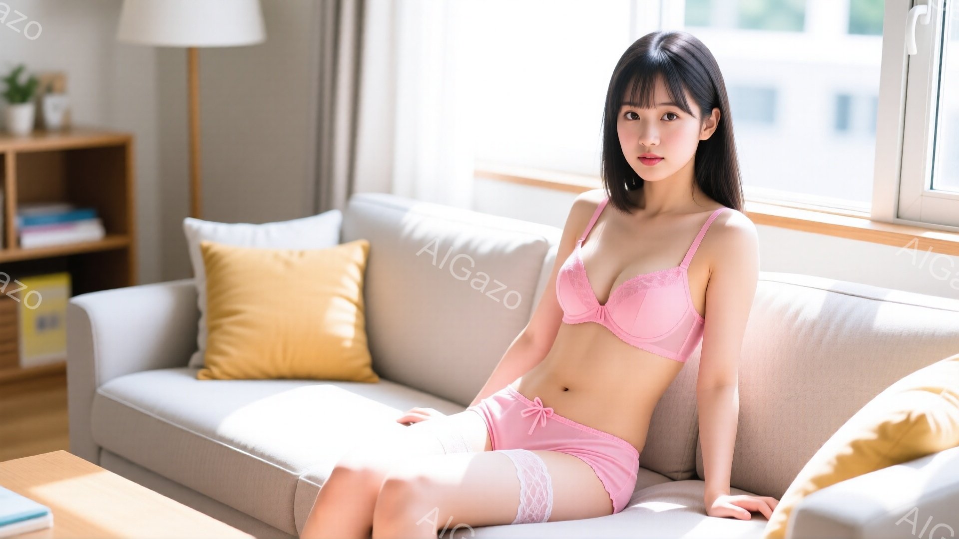 明るいリビングルームで、女性がピンク色のランジェリーを着てソファに座っています。彼女は長い黒髪で、穏やかな表情を浮かべています。背景には木製の本棚と自然光が差し込む窓があり、リラックスした家庭的な雰囲 - AI生成フリー素材