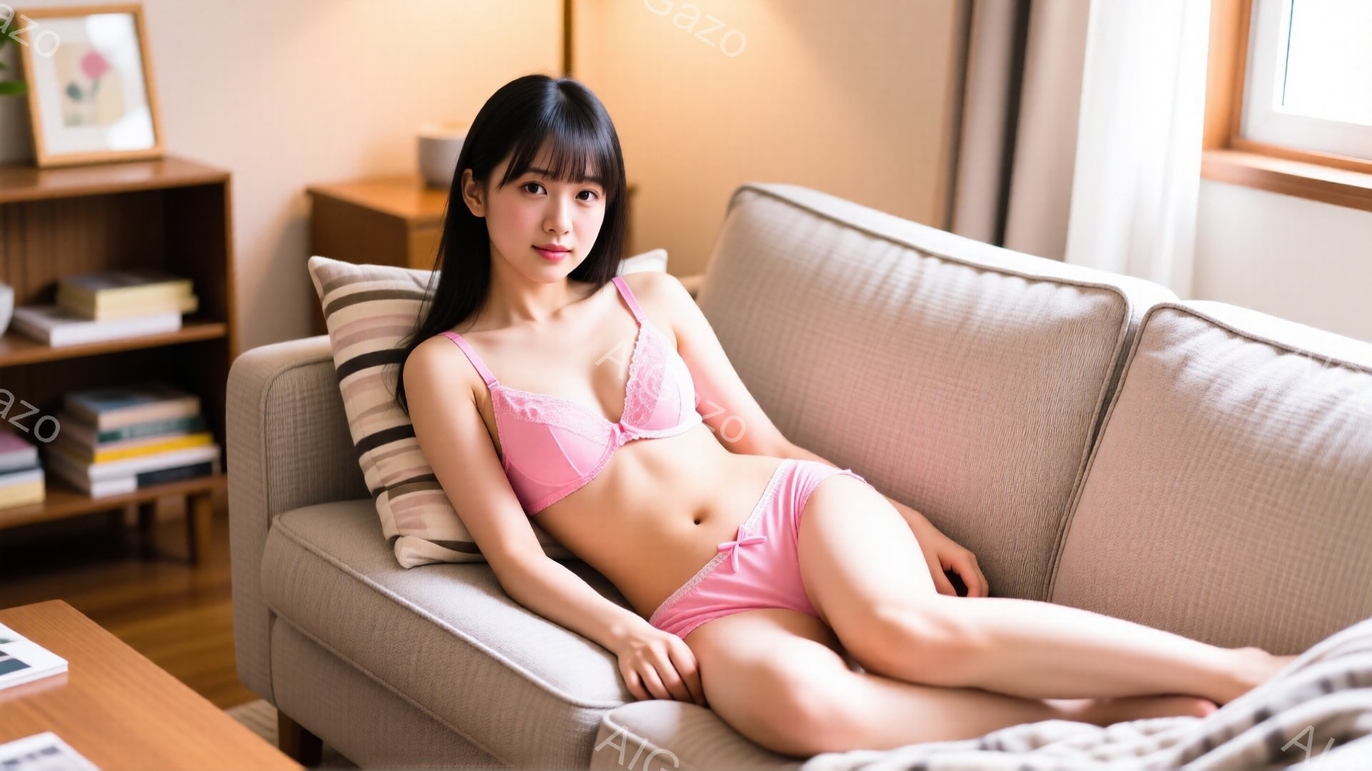 長い黒髪で、前髪はぱっつんカットの女性が、ピンク色のレースのブラジャーとショーツ姿でベージュ色のソファに横たわっています。彼女はリラックスした表情でカメラを見ており、片手を頭の上に添えています。背景には本棚やテーブルが見え、明るい自然光が差し込む、穏やかなリビングルームの雰囲気です。