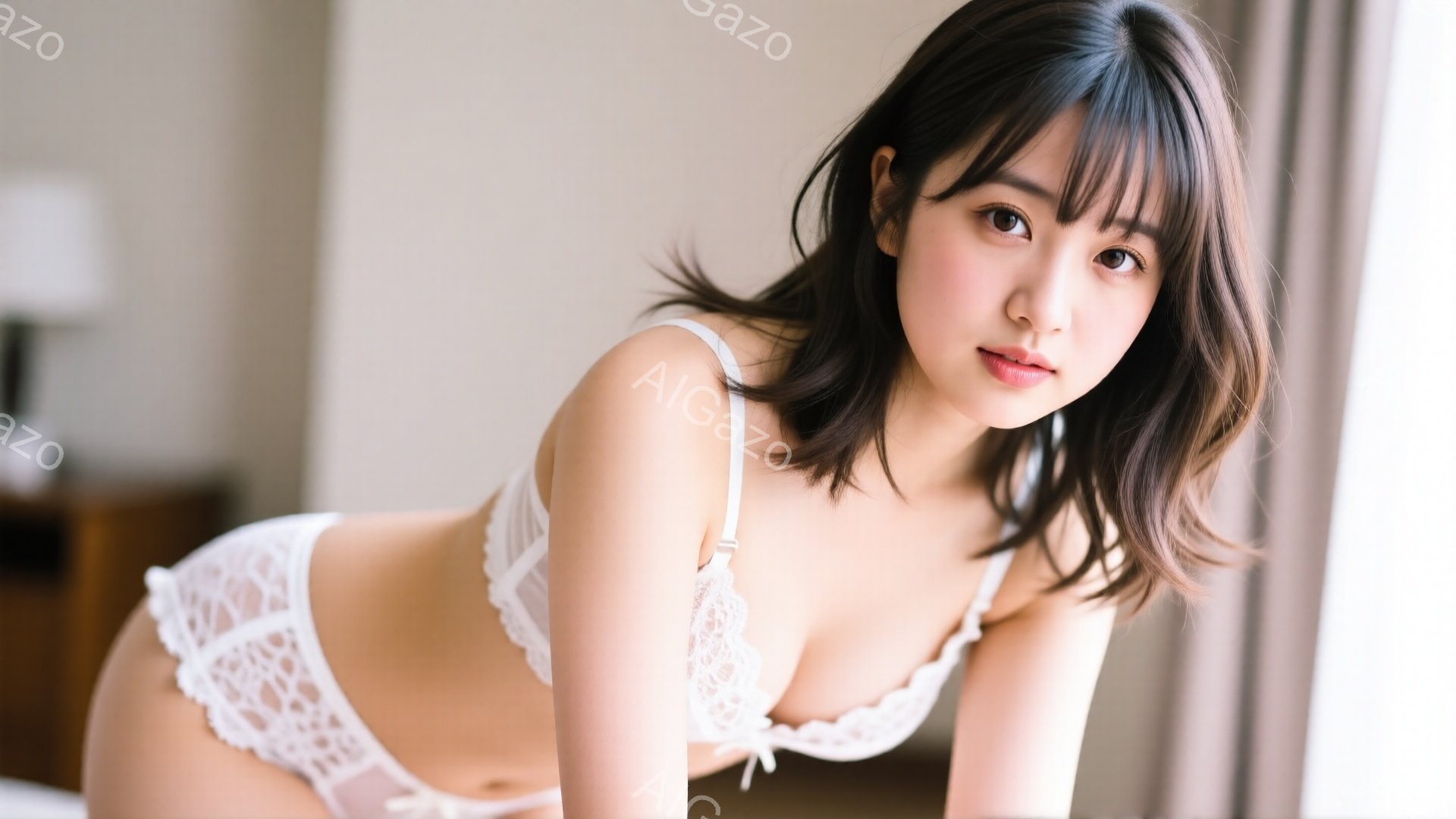 長い黒髪で、前髪が目にかかるヘアスタイルをした女性が、白いレースのブラジャーとショーツを身につけてベッドに横たわっています。彼女はカメラに向かって微笑んでおり、少し挑発的な表情をしています。背景は明る - AI生成フリー素材