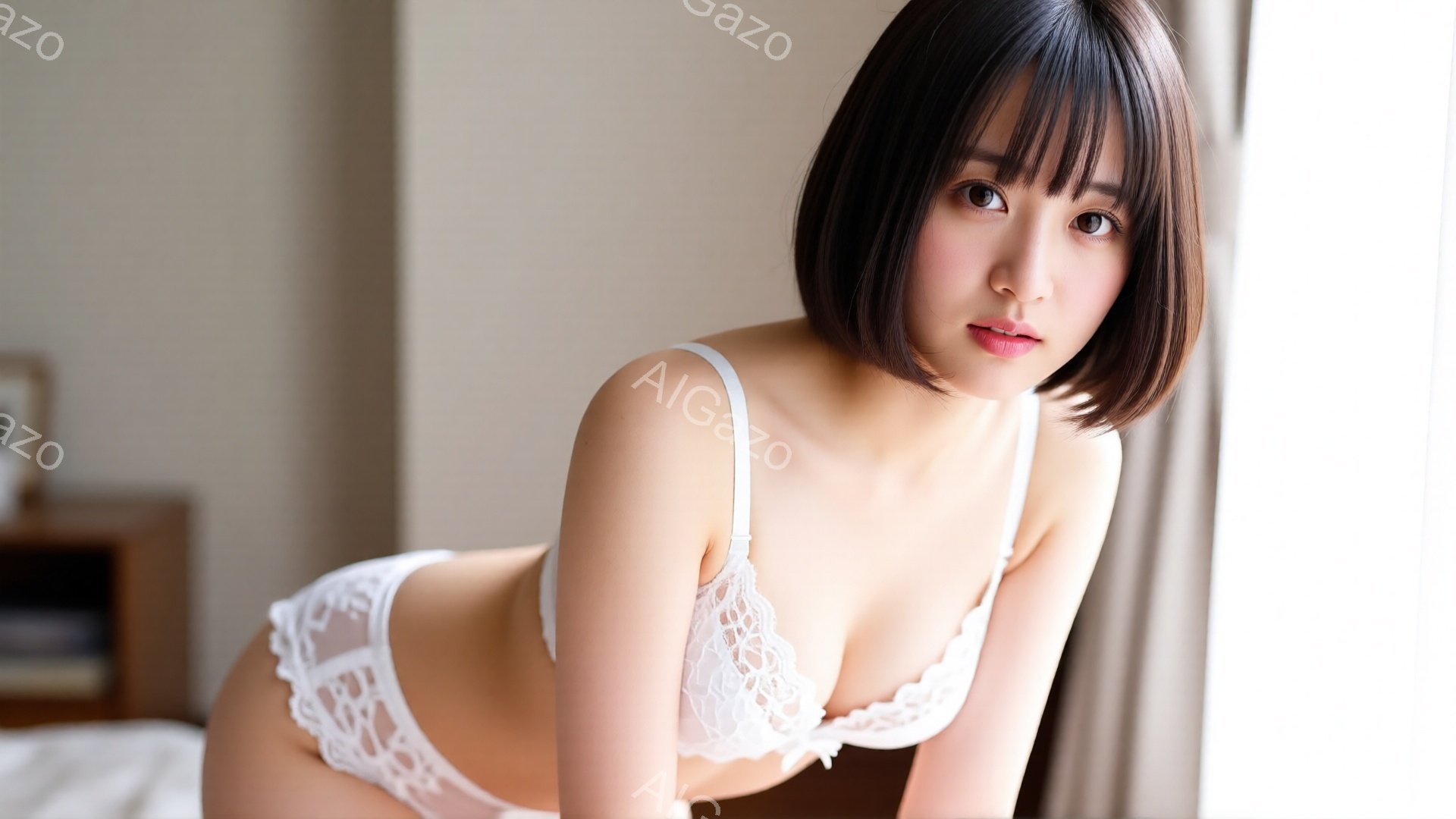 黒髪のショートヘアの女性が白いレースのブラとパンティを身に着けて、ベッドに横たわっています。彼女はカメラを見つめ、わずかに微笑んでおり、全体的に柔らかくセクシーな雰囲気を醸し出しています。背景には木製のナイトスタンドと白いカーテンが見え、部屋は明るく穏やかな光で満たされています。