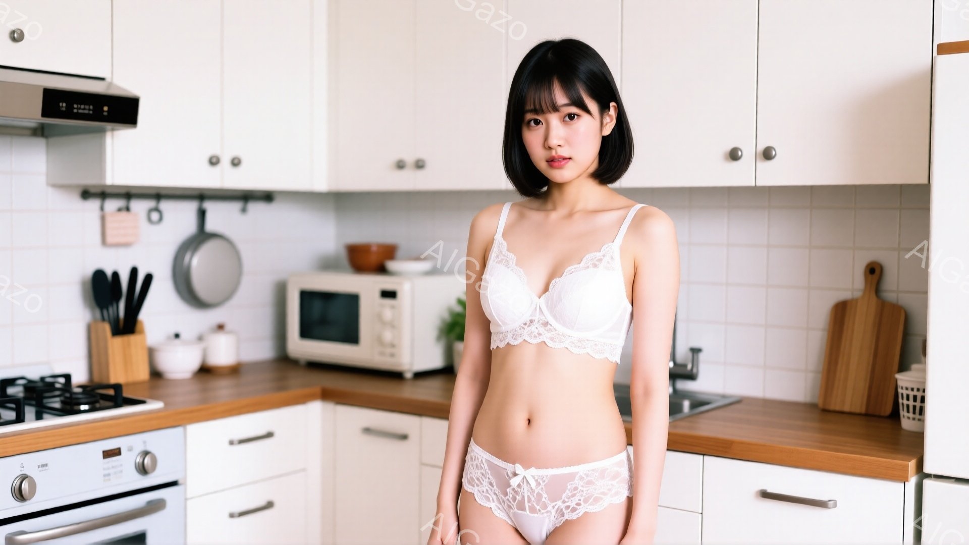 明るいキッチンを背景に、若い女性がレースのブラジャーとショーツ姿で立っています。彼女は黒髪のショートボブで、少し微笑んでいます。キッチンには、調理器具、電子レンジ、木製のまな板があり、清潔感のある雰囲気です。